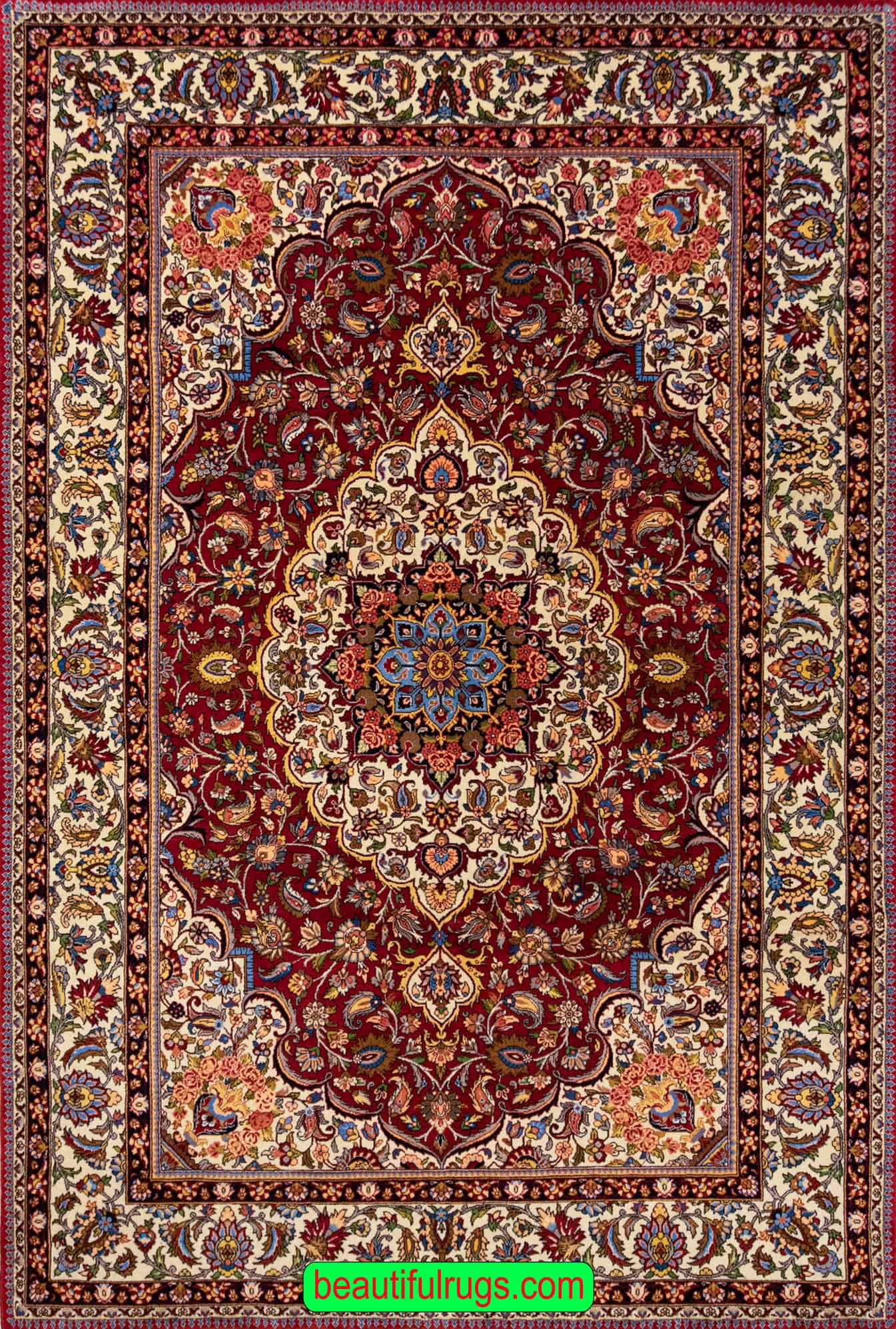 Persian Bakhtiari rustic red rug, vintage floral rug made from wool. Size 6.10x10.