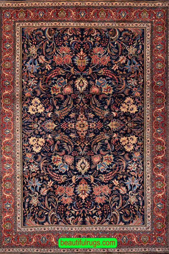 Allover design rug, handmade Persian Sarouk rug in navy blue made from wool. Size 7.9x11.