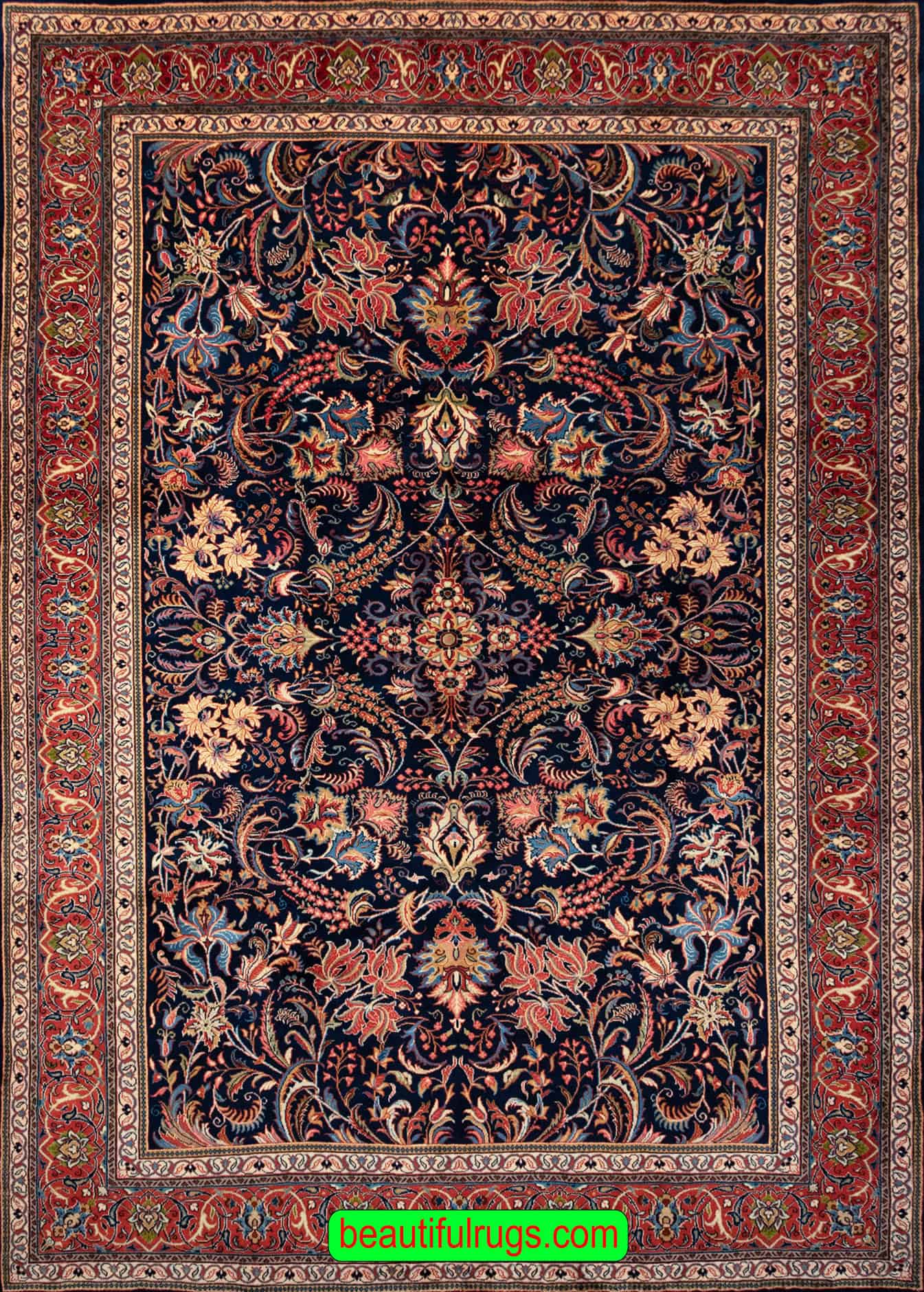 Allover design rug, handmade Persian Sarouk rug in navy blue made from wool. Size 7.9x11.