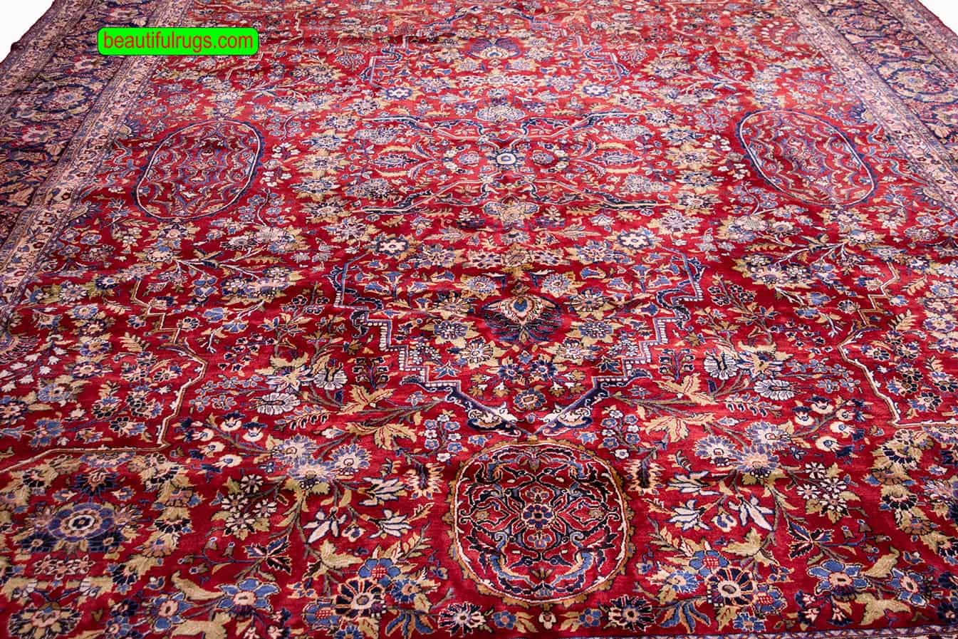 10x15 rug, handwoven large Persian rug made in Kashan Iran with red and navy blue colors.