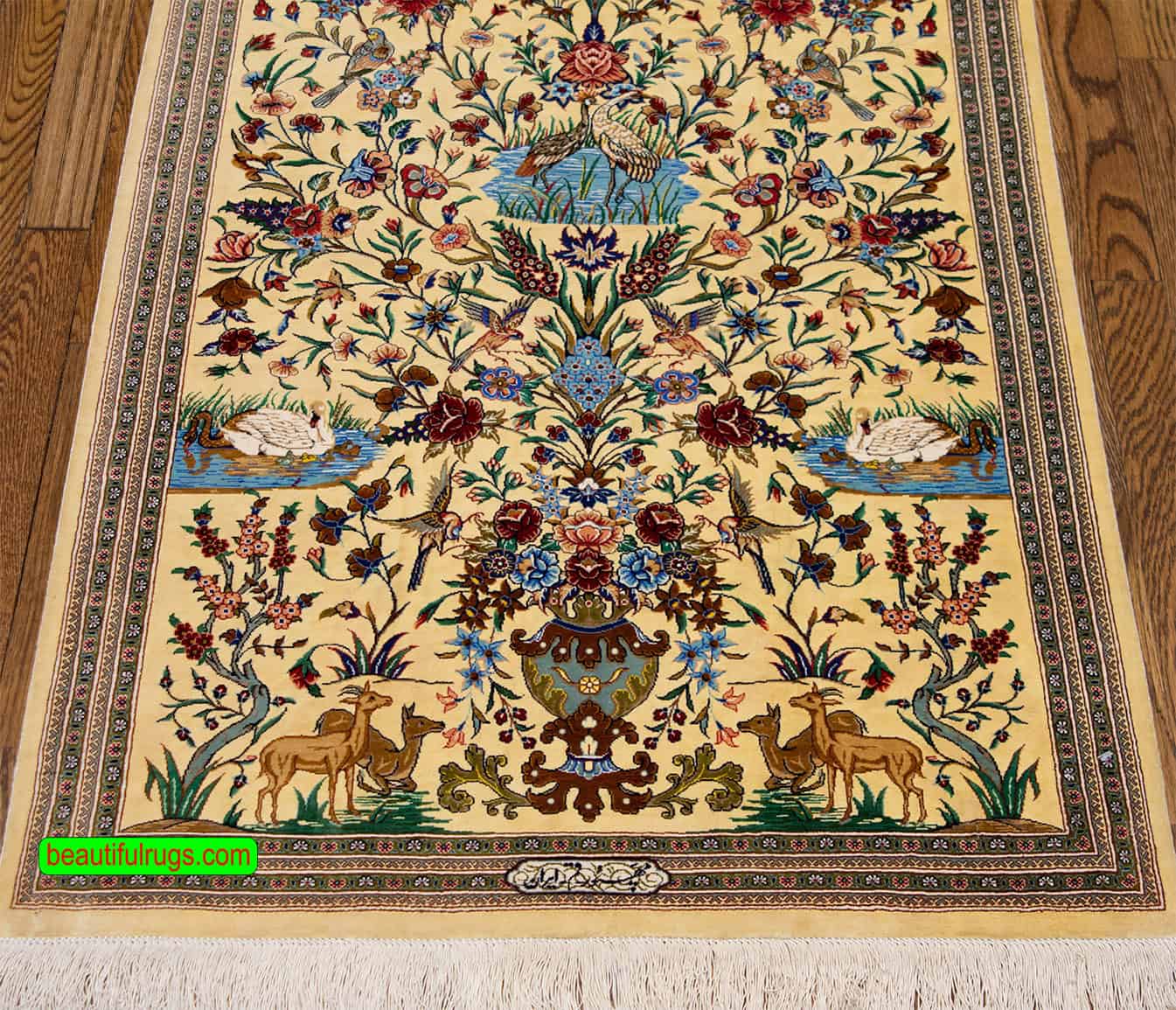 Luxury silk carpet, handmade Persian Qum Pure silk rug in yellow color. Size 2.7x4.3.