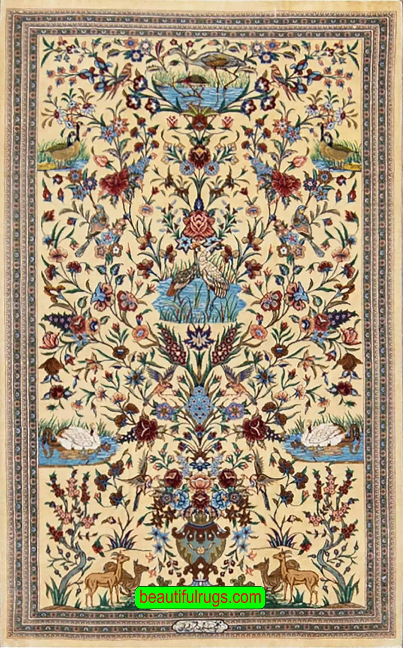 Luxury silk carpet, handmade Persian Qum Pure silk rug in yellow color. Size 2.7x4.3.