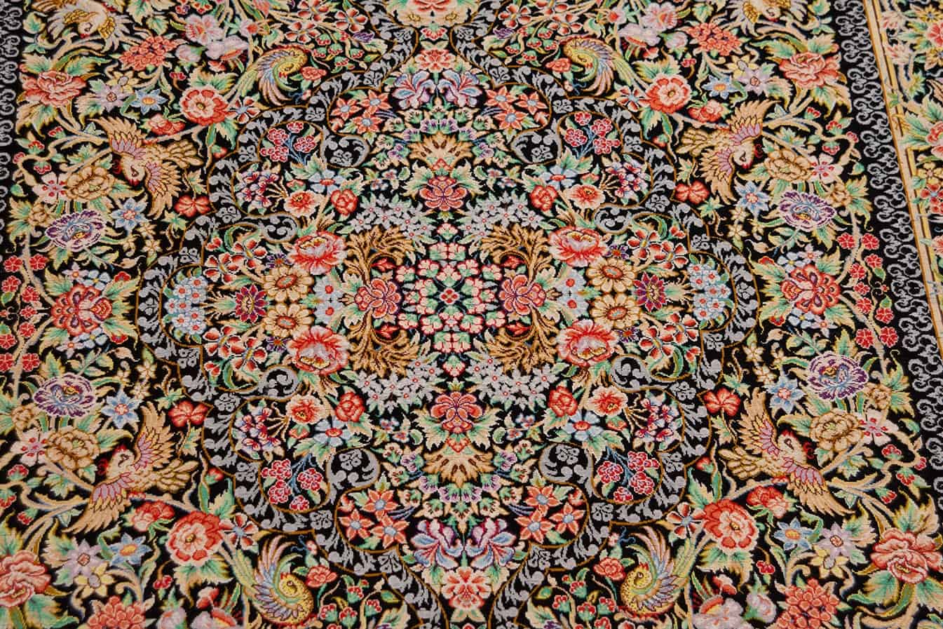 Black silk rug, handmade Persian Qum pure silk rug in black color. Size 3.5x5.