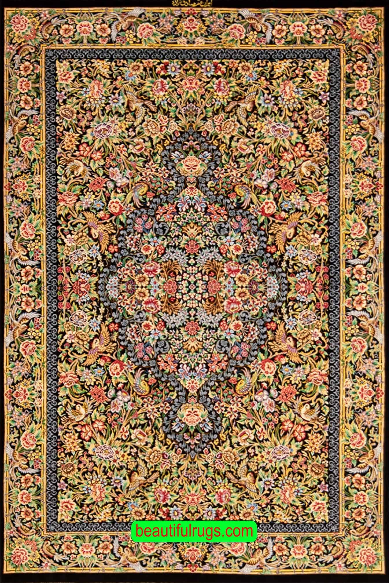 Black silk rug, handmade Persian Qum pure silk rug in black color. Size 3.5x5.
