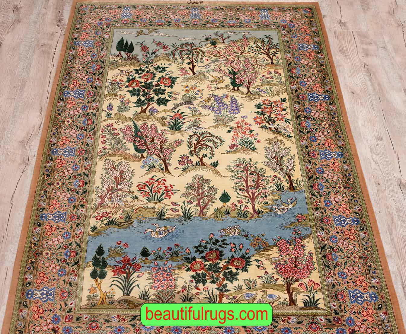 Persian silk rug, scenery design rug with birds and flowers, multicolor. Size 3.4x5.4.