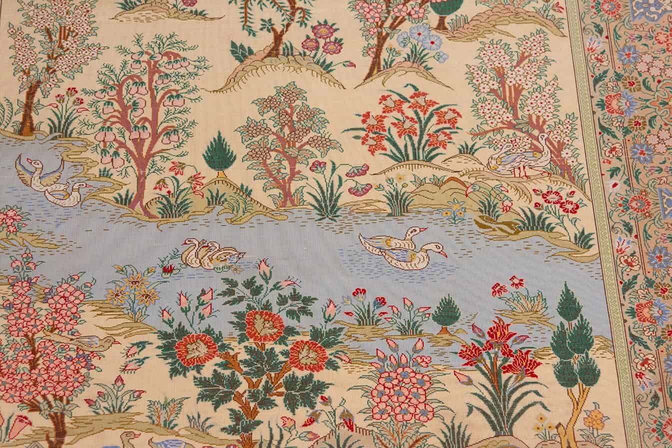 Persian silk rug, scenery design rug with birds and flowers, multicolor. Size 3.4x5.4.