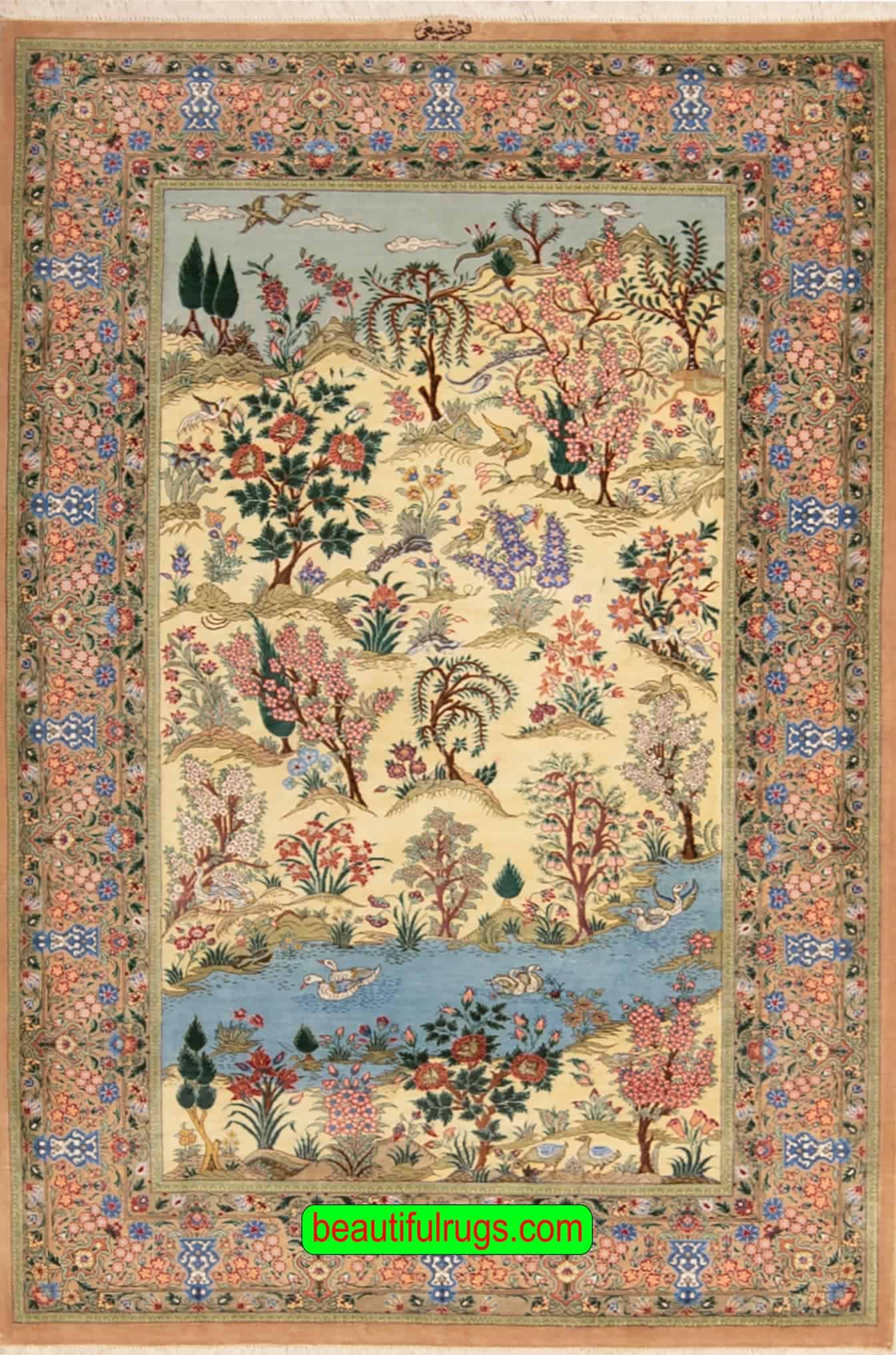 Persian silk rug, scenery design rug with birds and flowers, multicolor. Size 3.4x5.4.