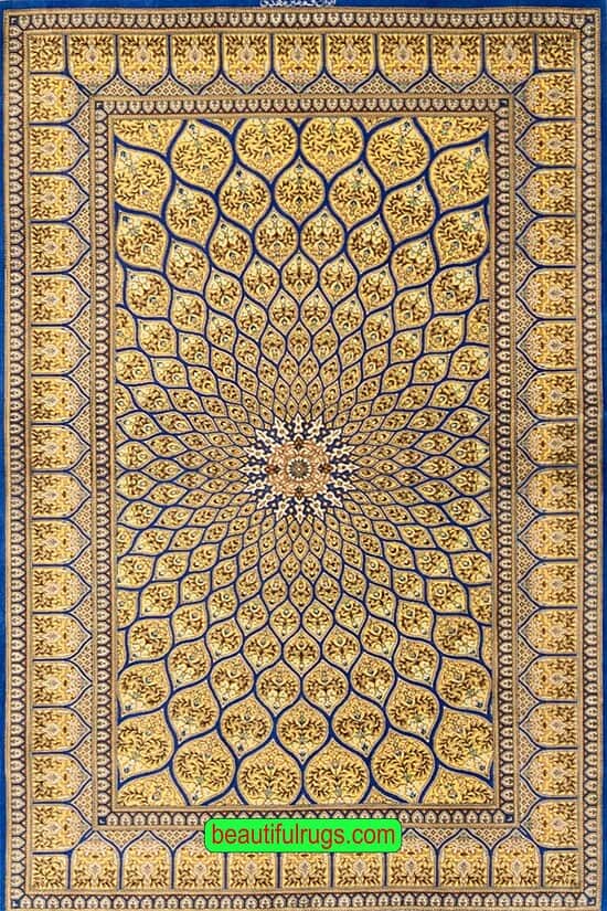 Persian Qum silk rug, Gonbadi design with Royal blue and gold color. Size 3.3x5.2.