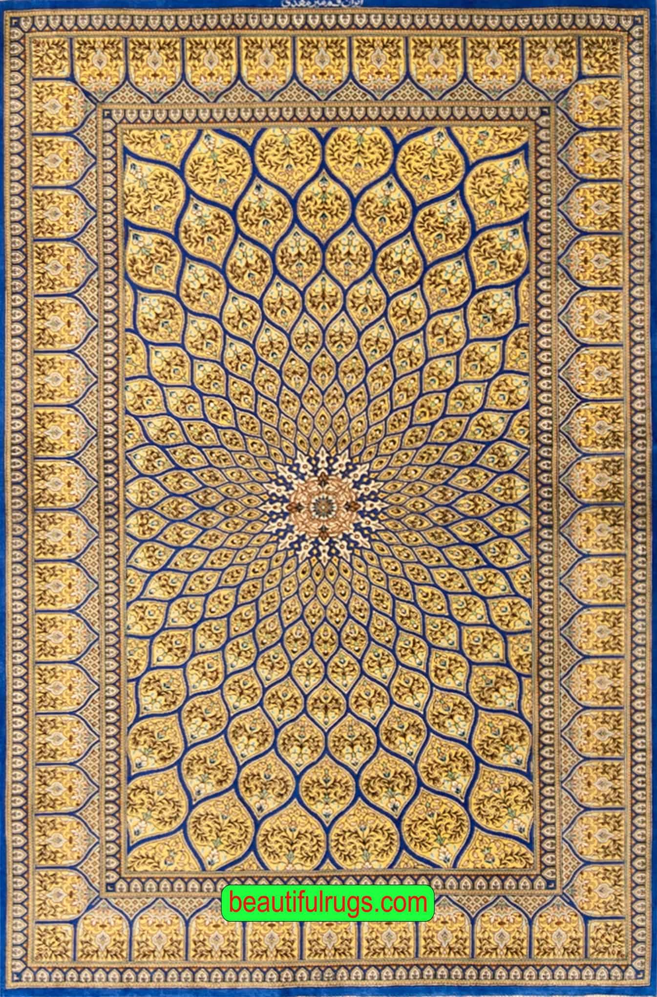 Persian Qum silk rug, Gonbadi design with Royal blue and gold color. Size 3.3x5.2.