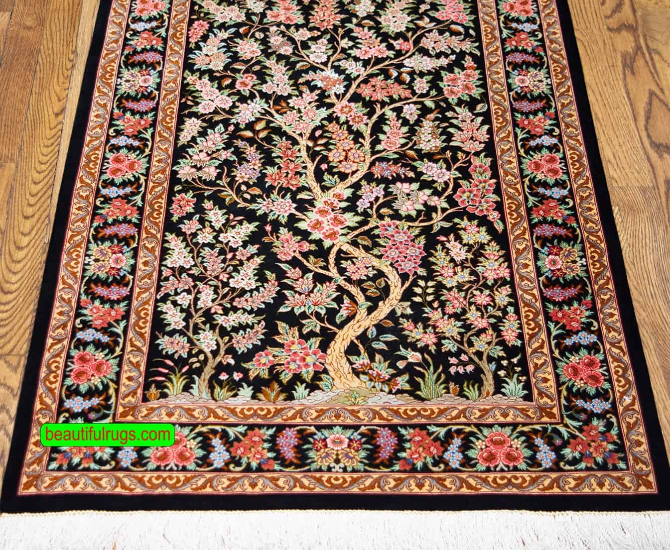 Black Tree of Life rug, handmade Persian Qum silk rug. Size 2.7x4,
