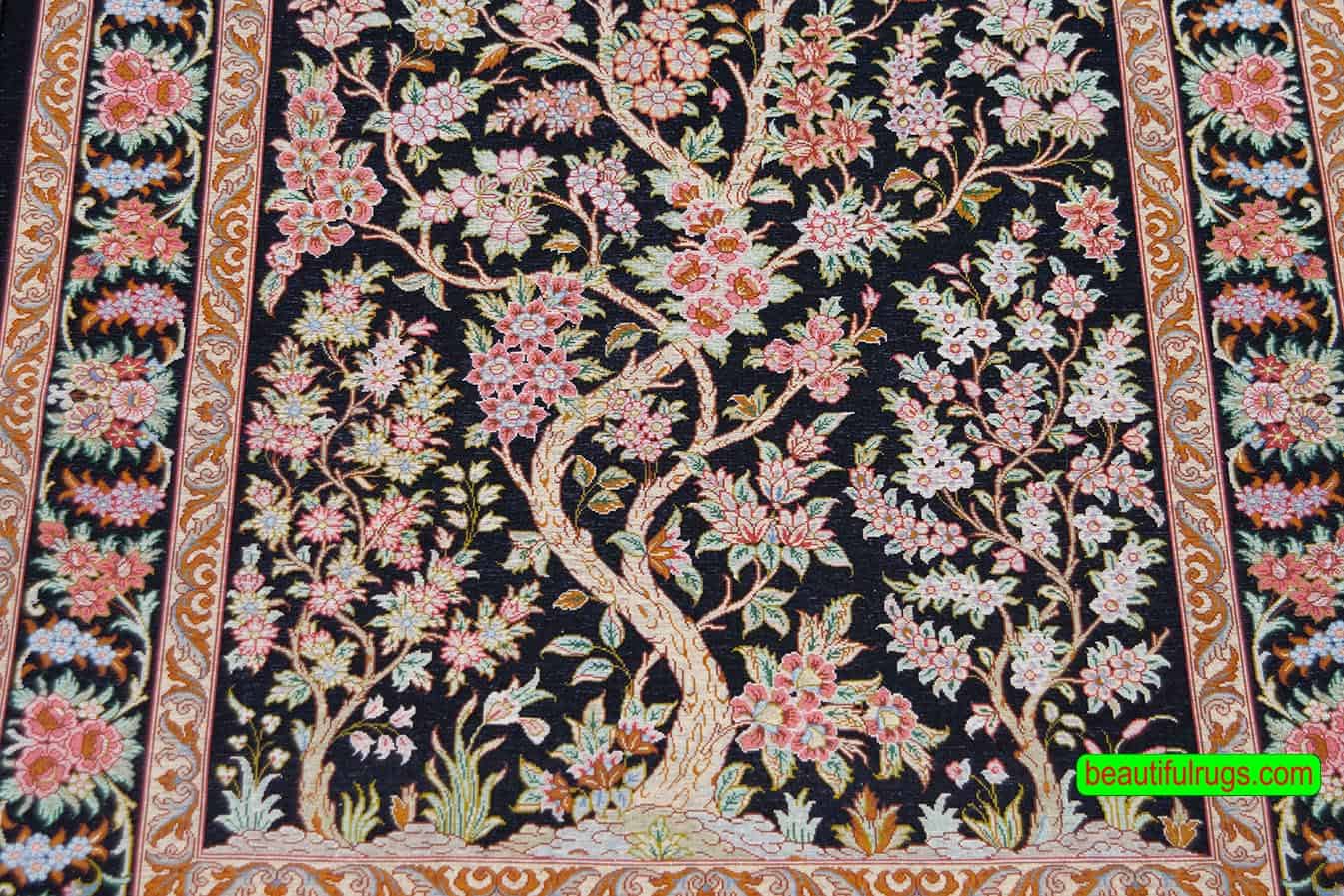 Black Tree of Life rug, handmade Persian Qum silk rug. Size 2.7x4,