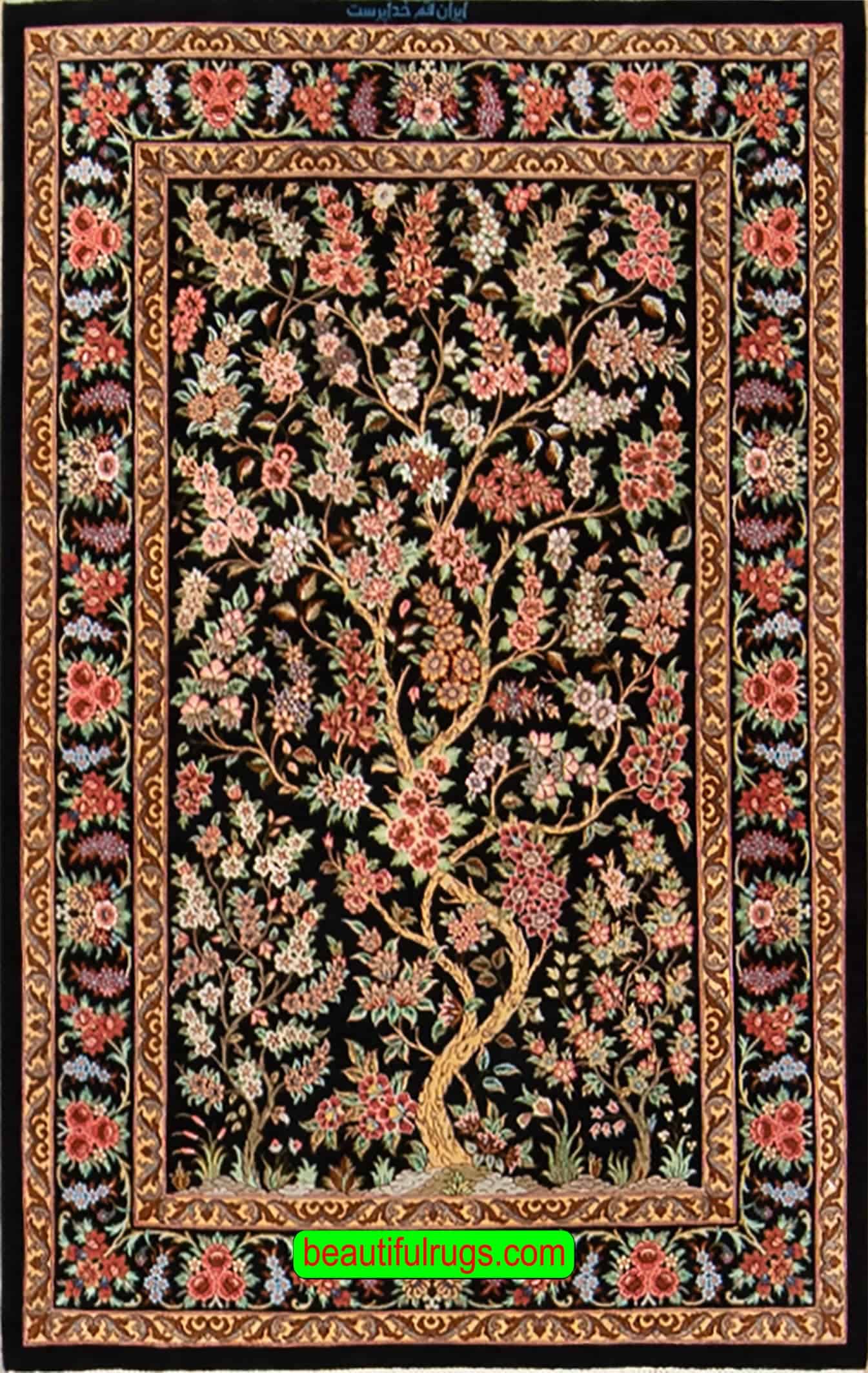 Black Tree of Life rug, handmade Persian Qum silk rug. Size 2.7x4,