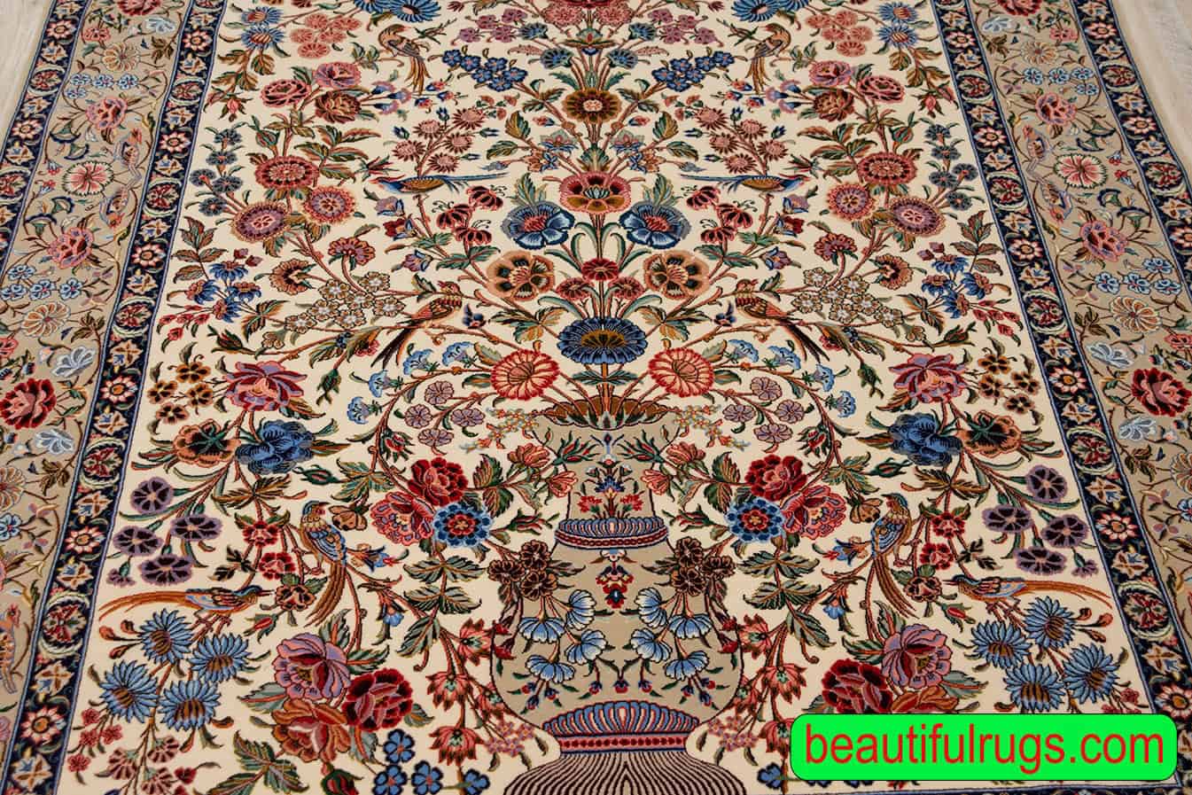 Rose and nightingale rug, handmade Persian Isfahan rug in ivory color. Size 5.2x7.6.