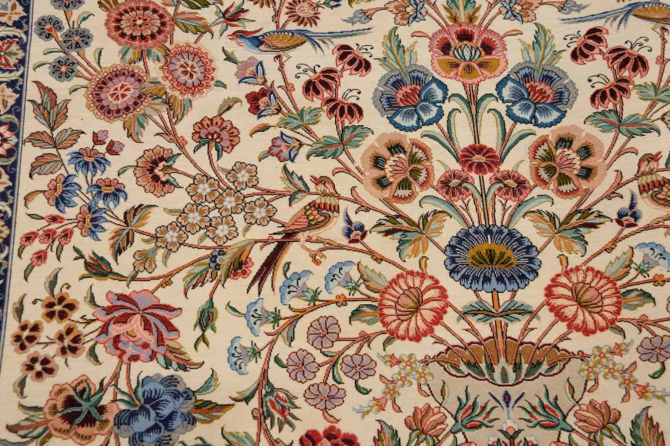 Rose and nightingale rug, handmade Persian Isfahan rug in ivory color. Size 5.2x7.6.