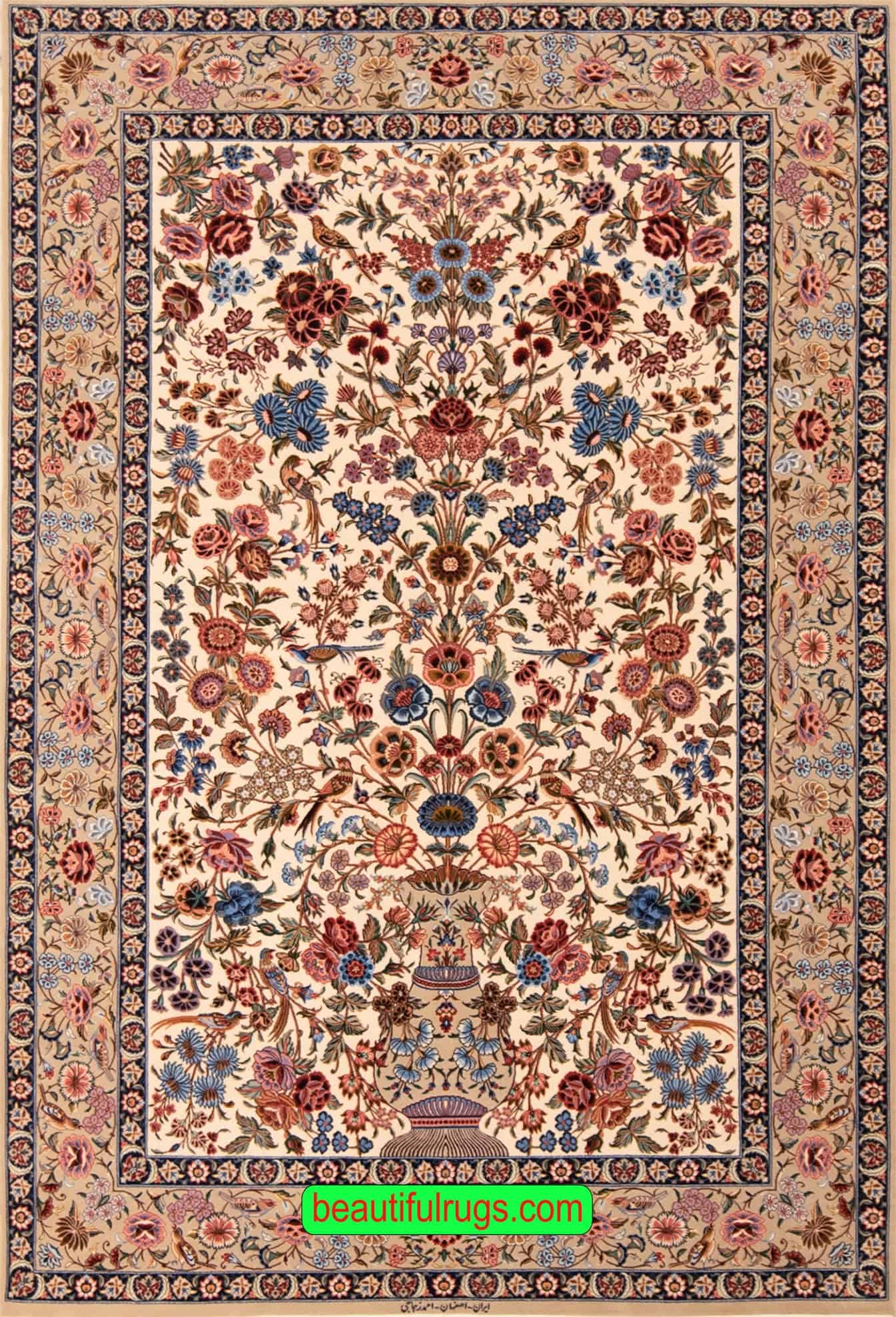 Rose and nightingale rug, handmade Persian Isfahan rug in ivory color. Size 5.2x7.6.
