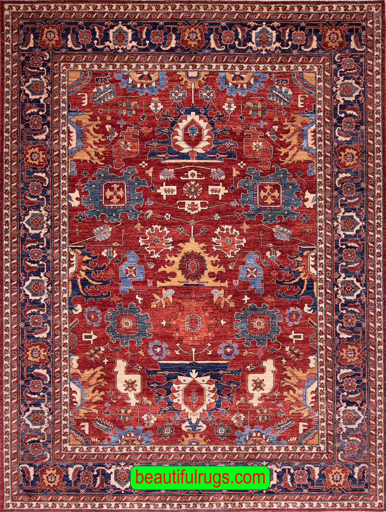 8x11 rug, hand knotted orange red and blue oriental rug in Serapi style made from wool.