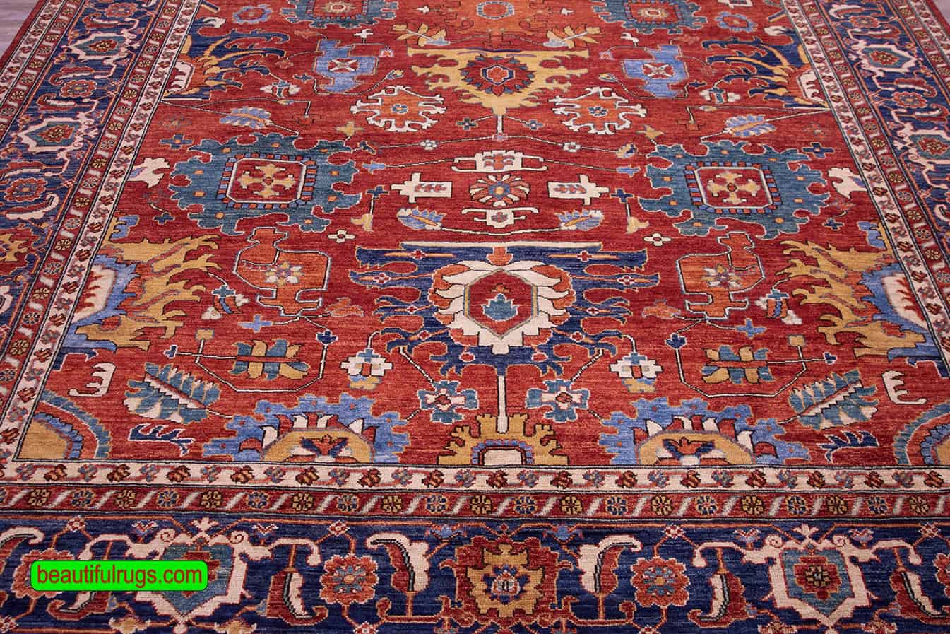 8x11 rug, hand knotted orange red and blue oriental rug in Serapi style made from wool.