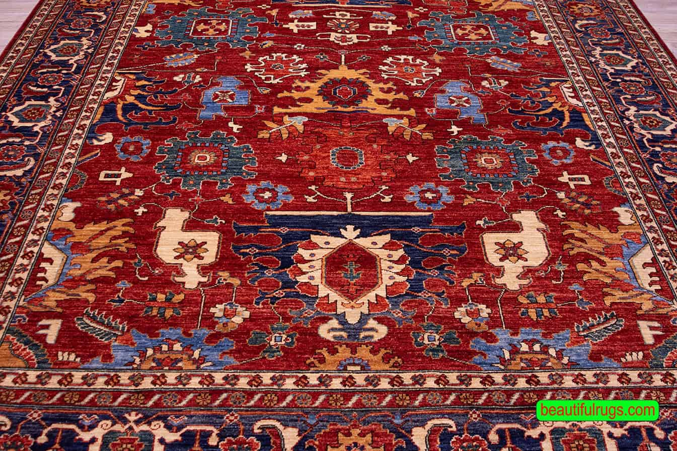 8x11 rug, hand knotted orange red and blue oriental rug in Serapi style made from wool.