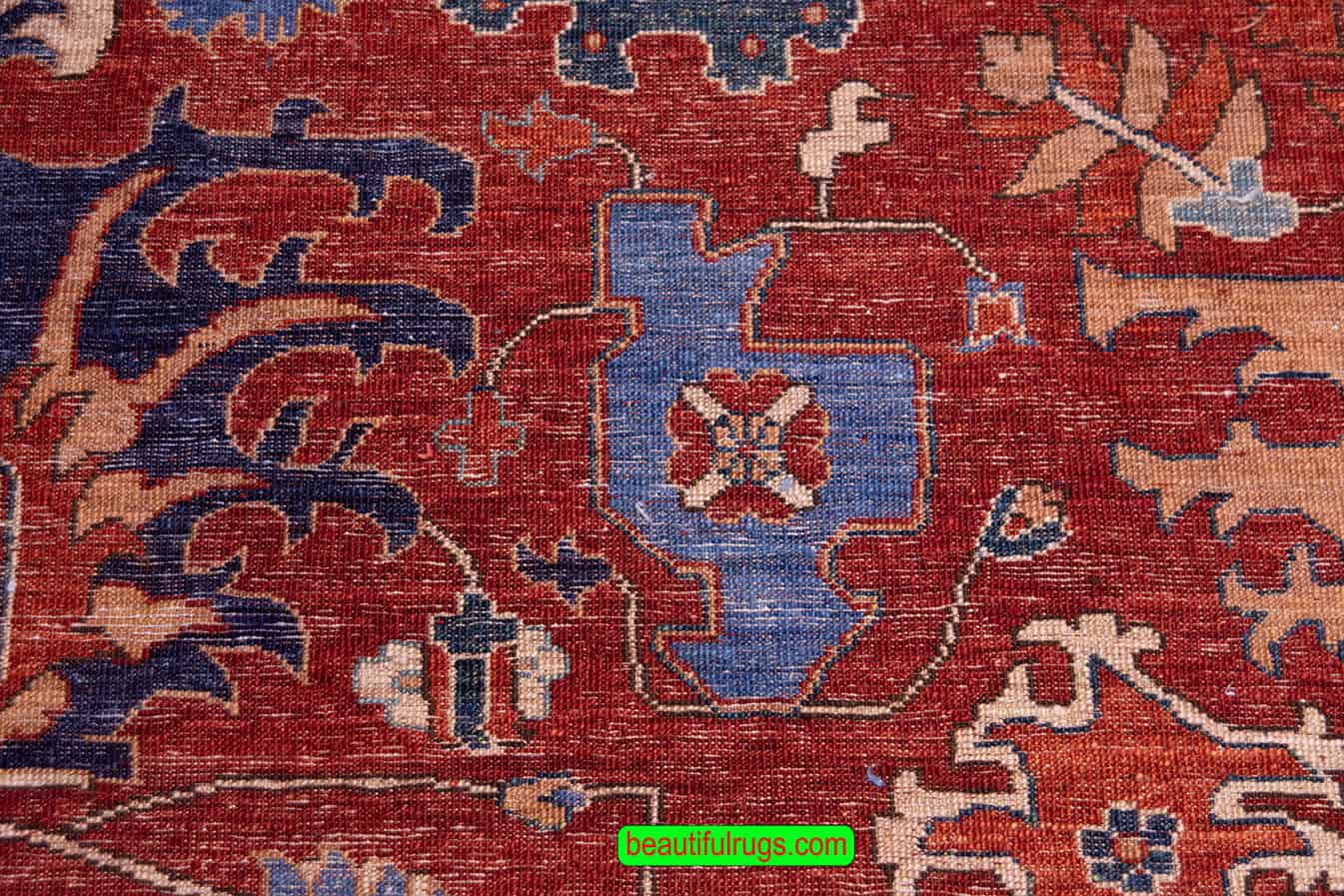 8x11 rug, hand knotted orange red and blue oriental rug in Serapi style made from wool.