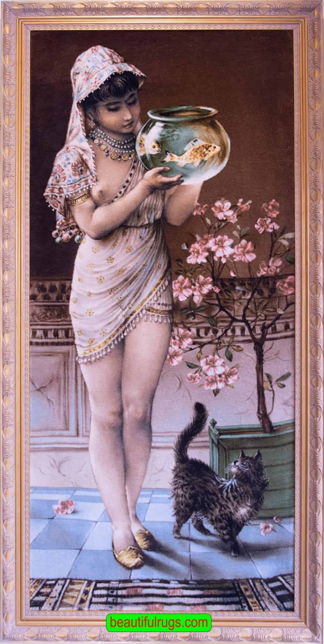 Handmade Persian Tabriz wall hanging rug, a young girl holding a vase in hand with a fish inside water and a cat is watching her. Size 1.9x3.9.