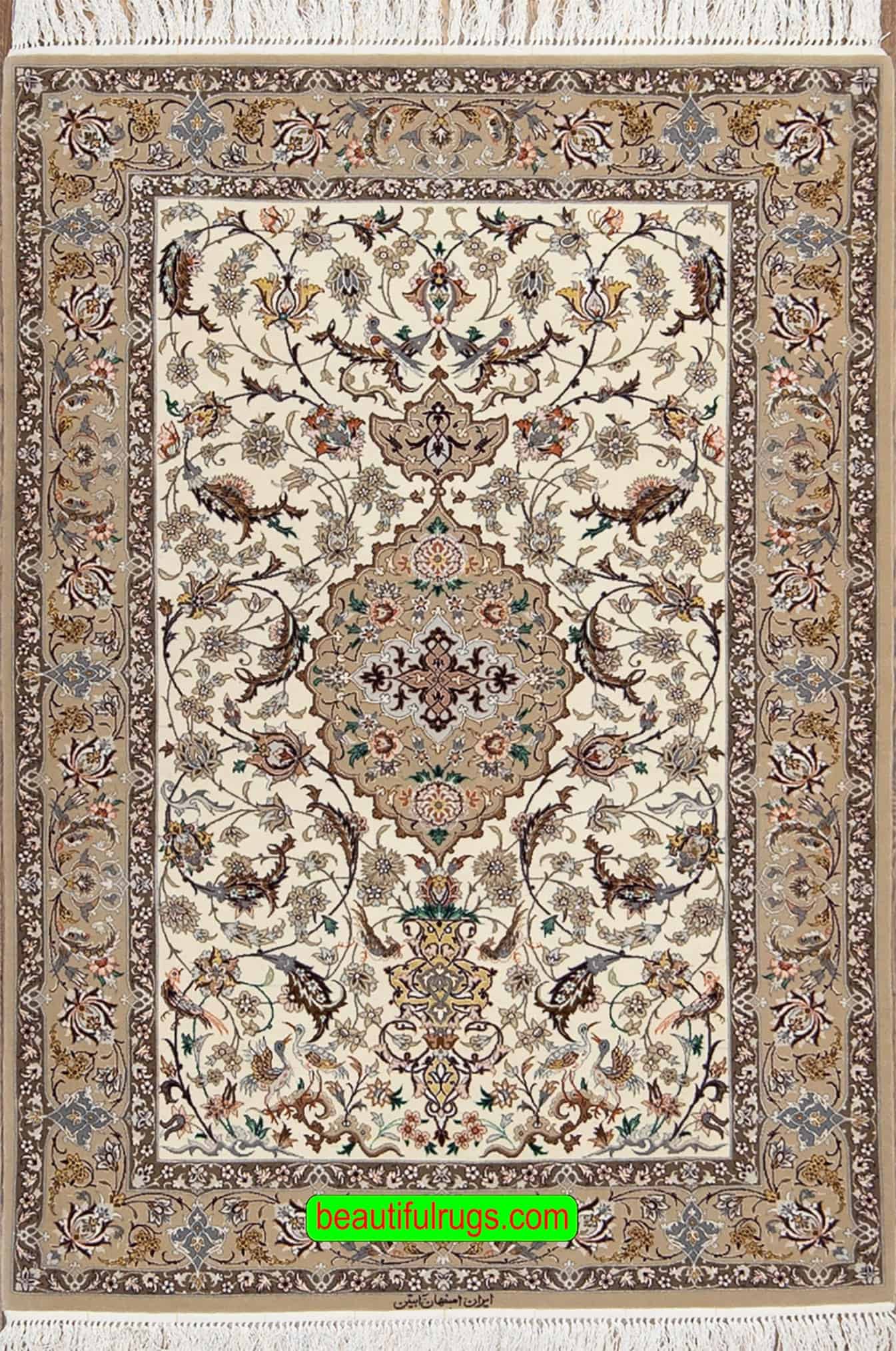3x5 area rugs, handmade Persian Isfahan rug in beige color made of wool and silk. Size 3.7x5.5.