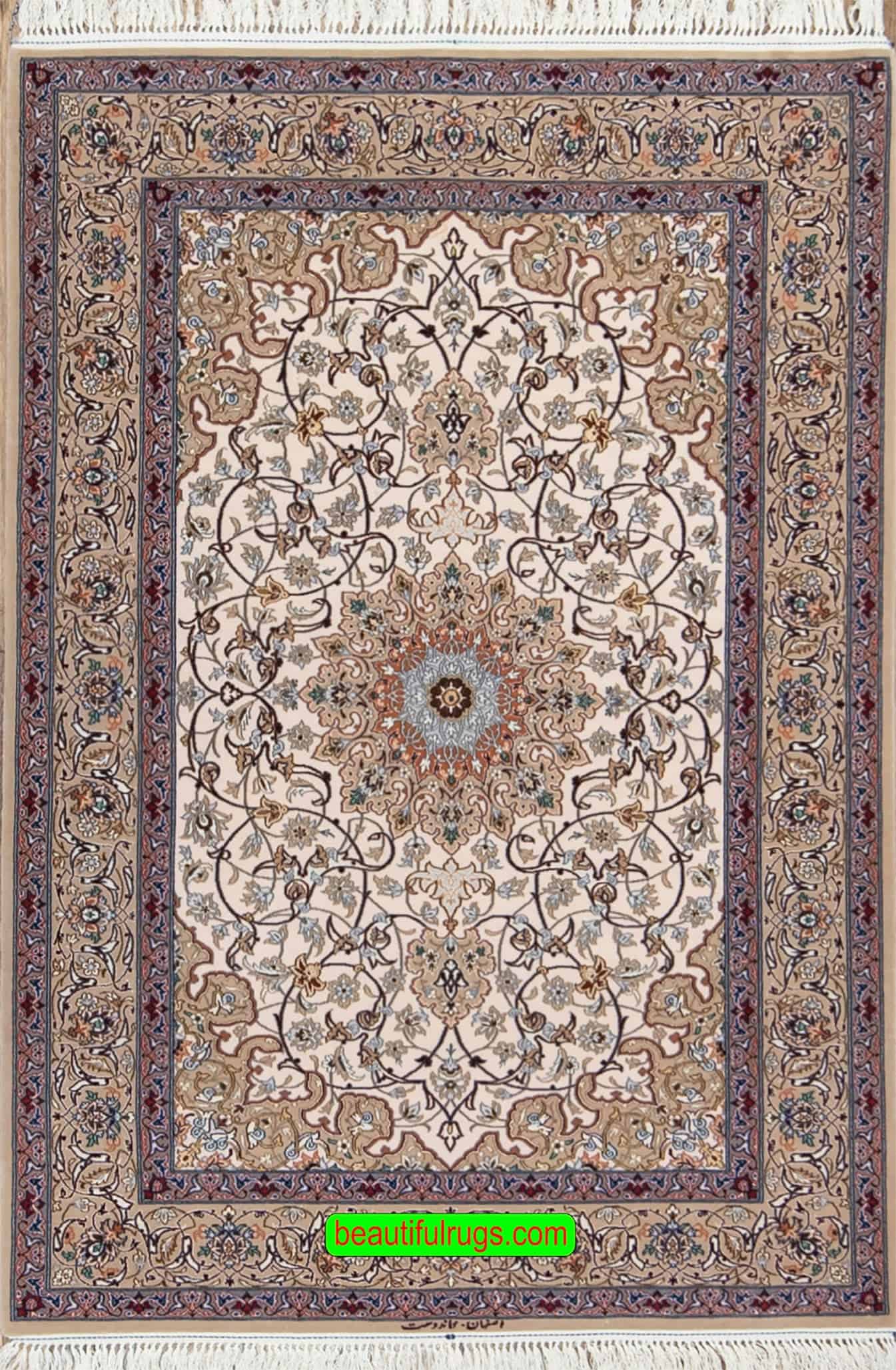 Accent rugs for living room, handmade Persian Isfahan rug in beige color made of kork wool and silk. Size 3.9x5.8.