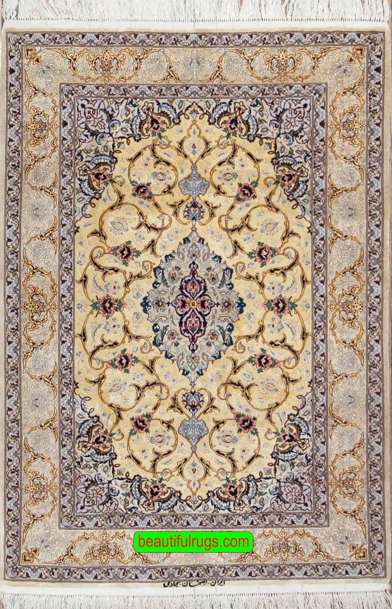 Gold rug. Persian Isfahan silk rug in gold color. Size 3.8x5.3.