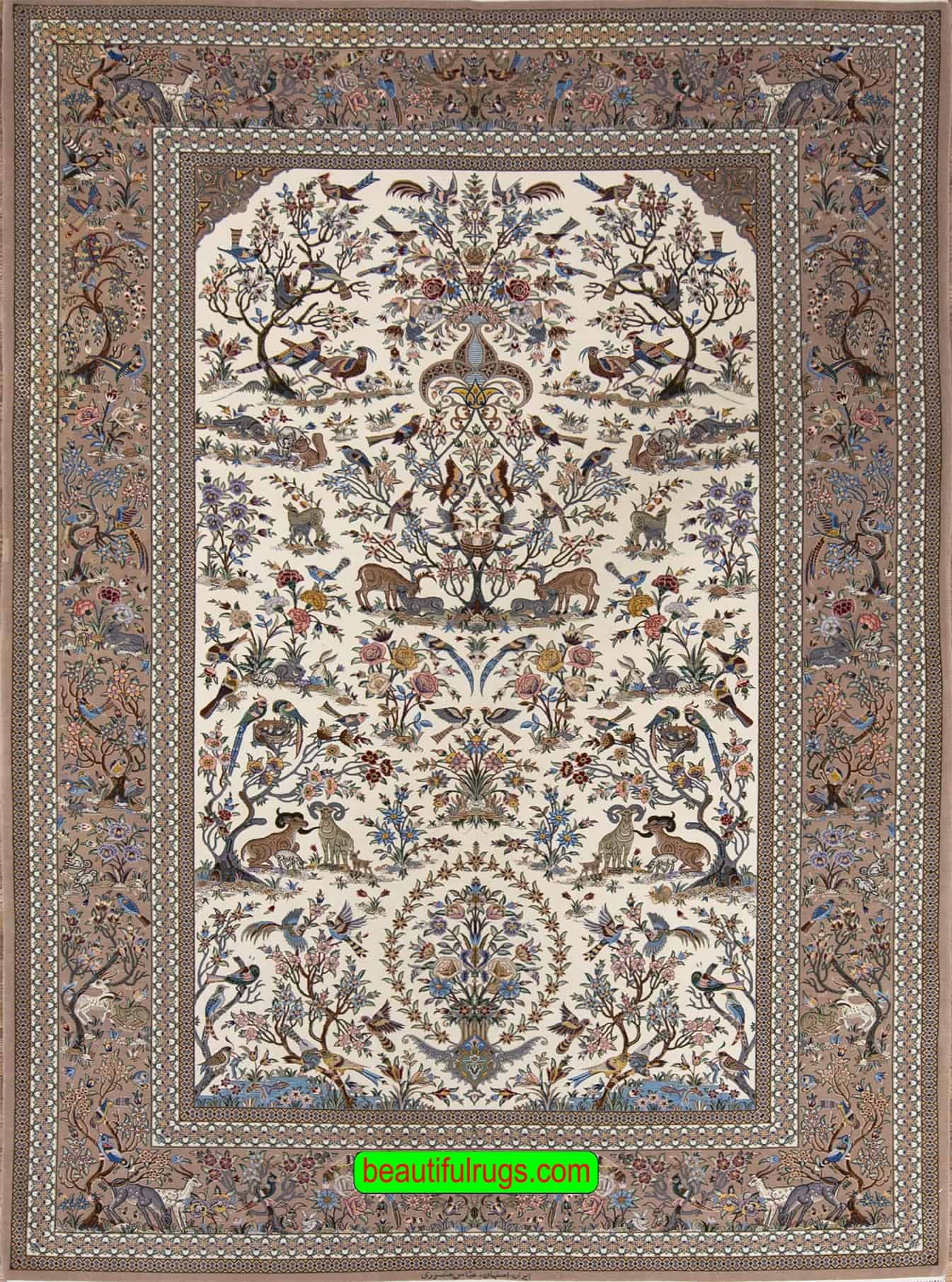 7x10 area rug, handmade Persian Isfahan rug in beige color with birds and flowers.