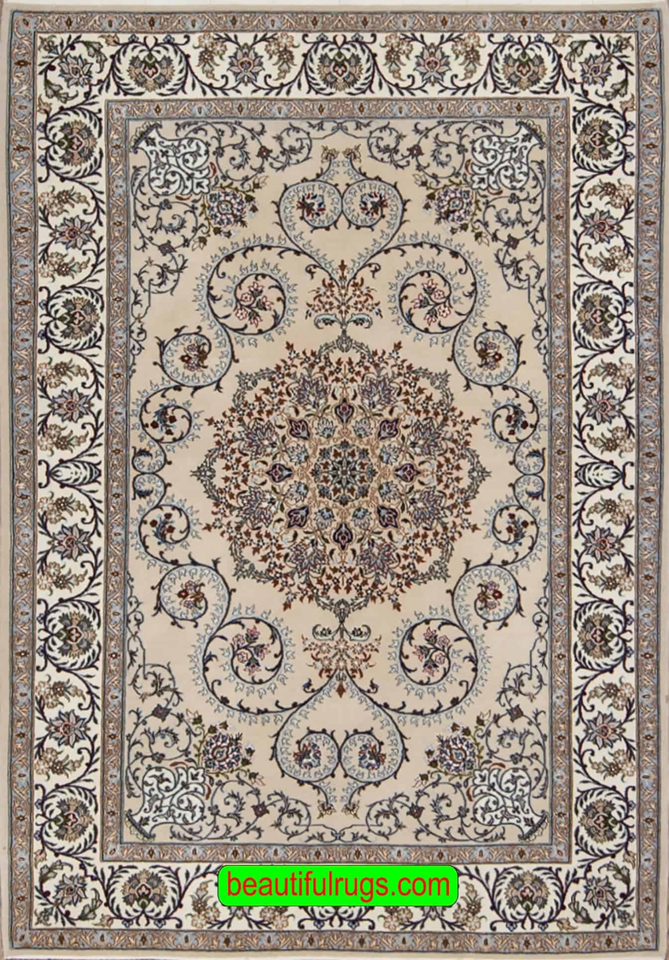 Persian Isfahan area rug in beige and taupe colors made of wool and silk. Size 3.8x5.7