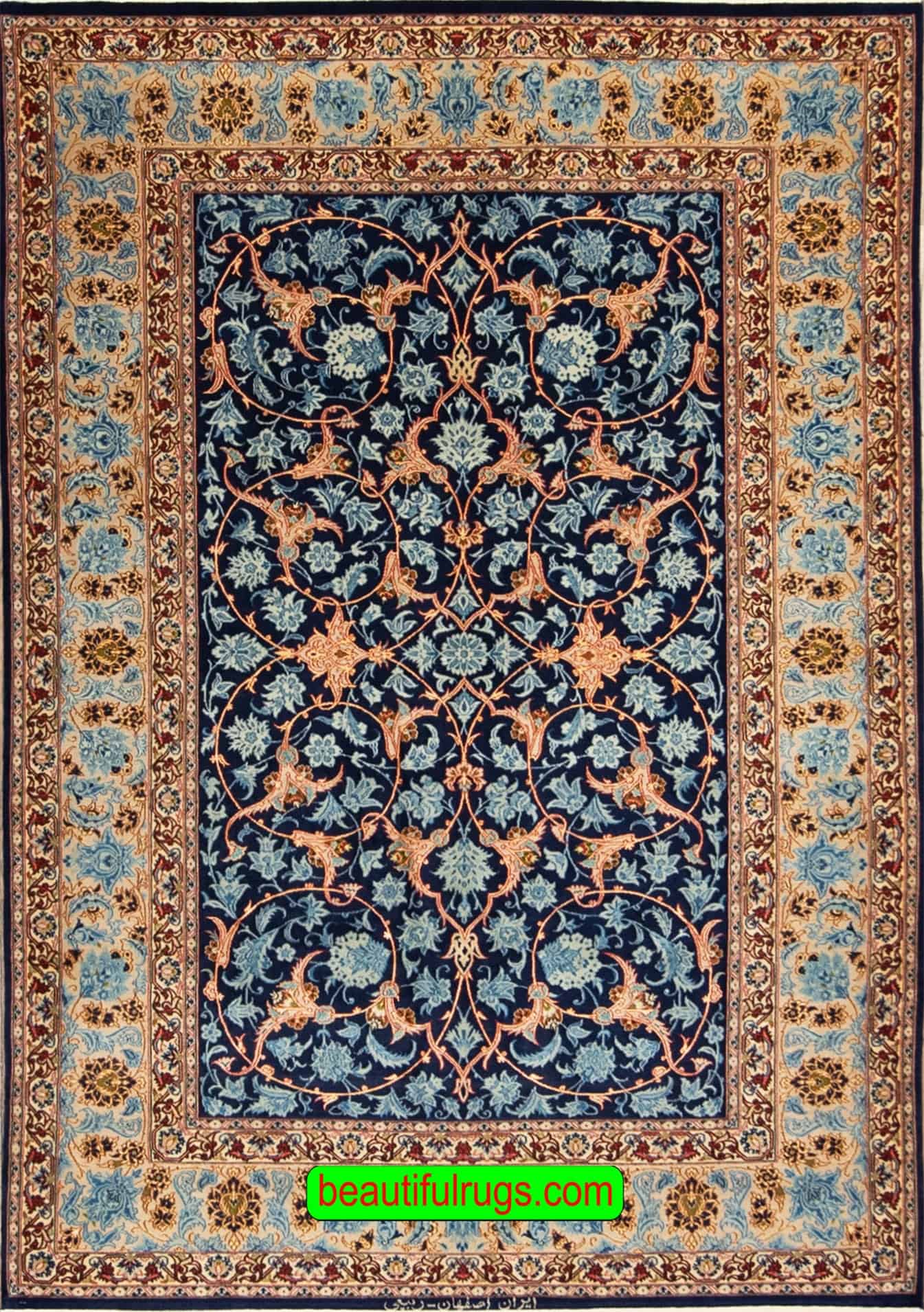Old Persian Isfahan wool and rug in navy blue color. Size 4.7x7