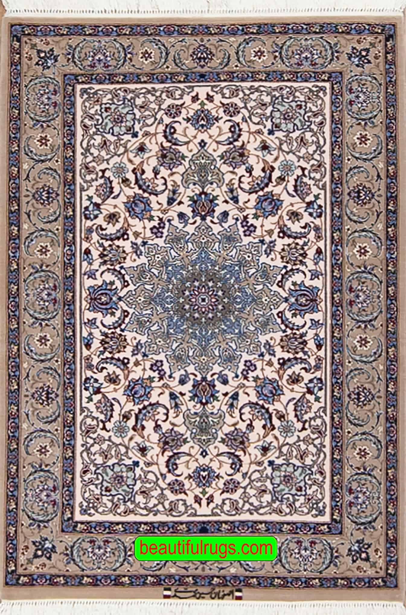 Handmade Persian Isfahan wool and silk rug in beige and blue color. Size 2.10x4.2.