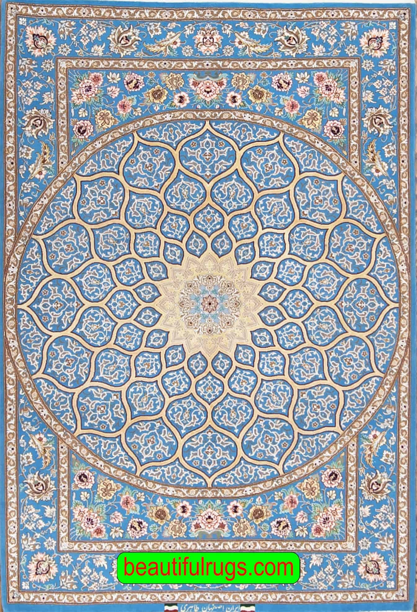 Persian Isfahan rug in Mandala design with blue and gold colors. Size 3.8x5.5.