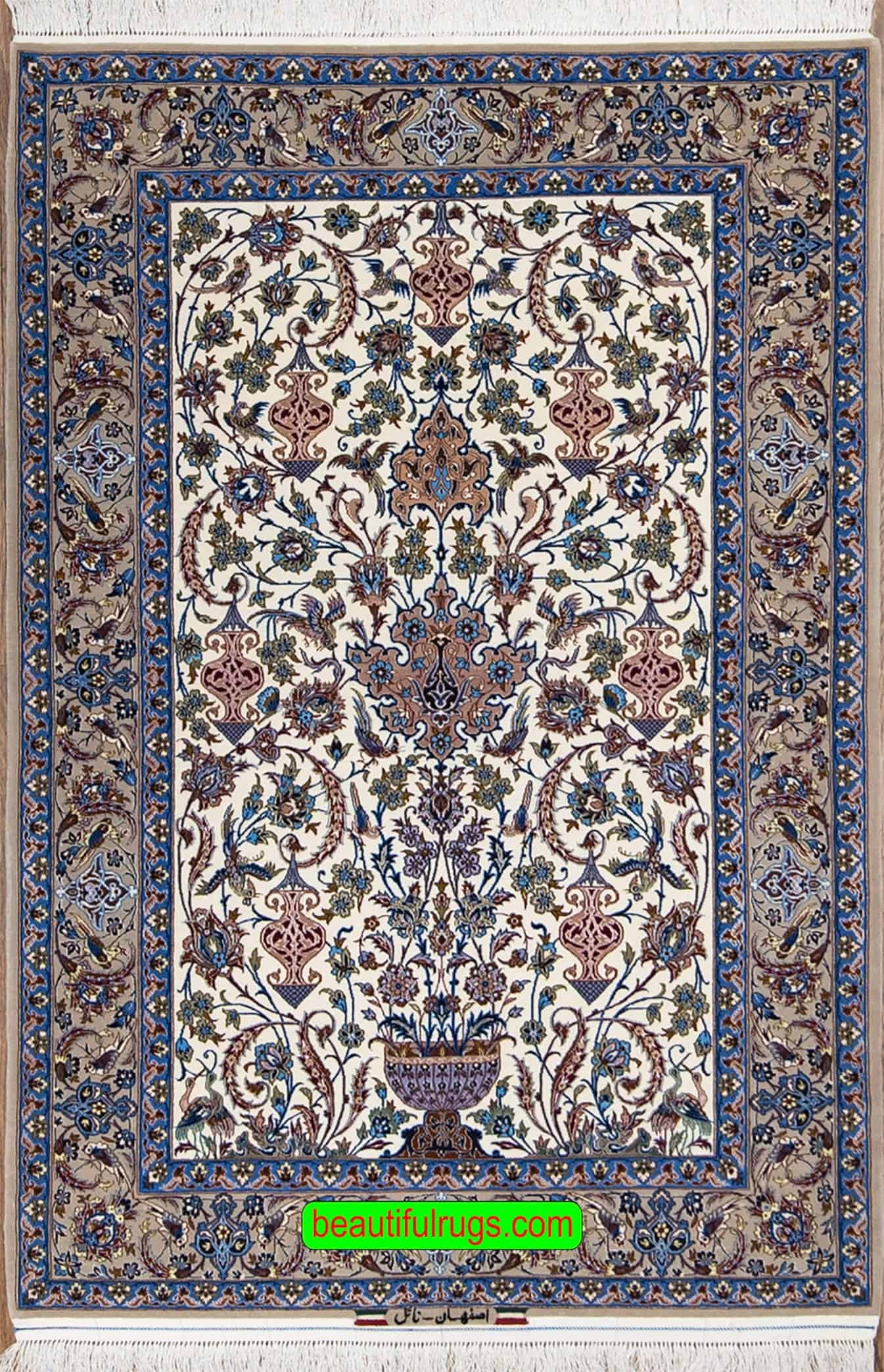 High quality Persian Isfahan rug, Kork wool and silk rug in beige color. Size 3.9x4.6.