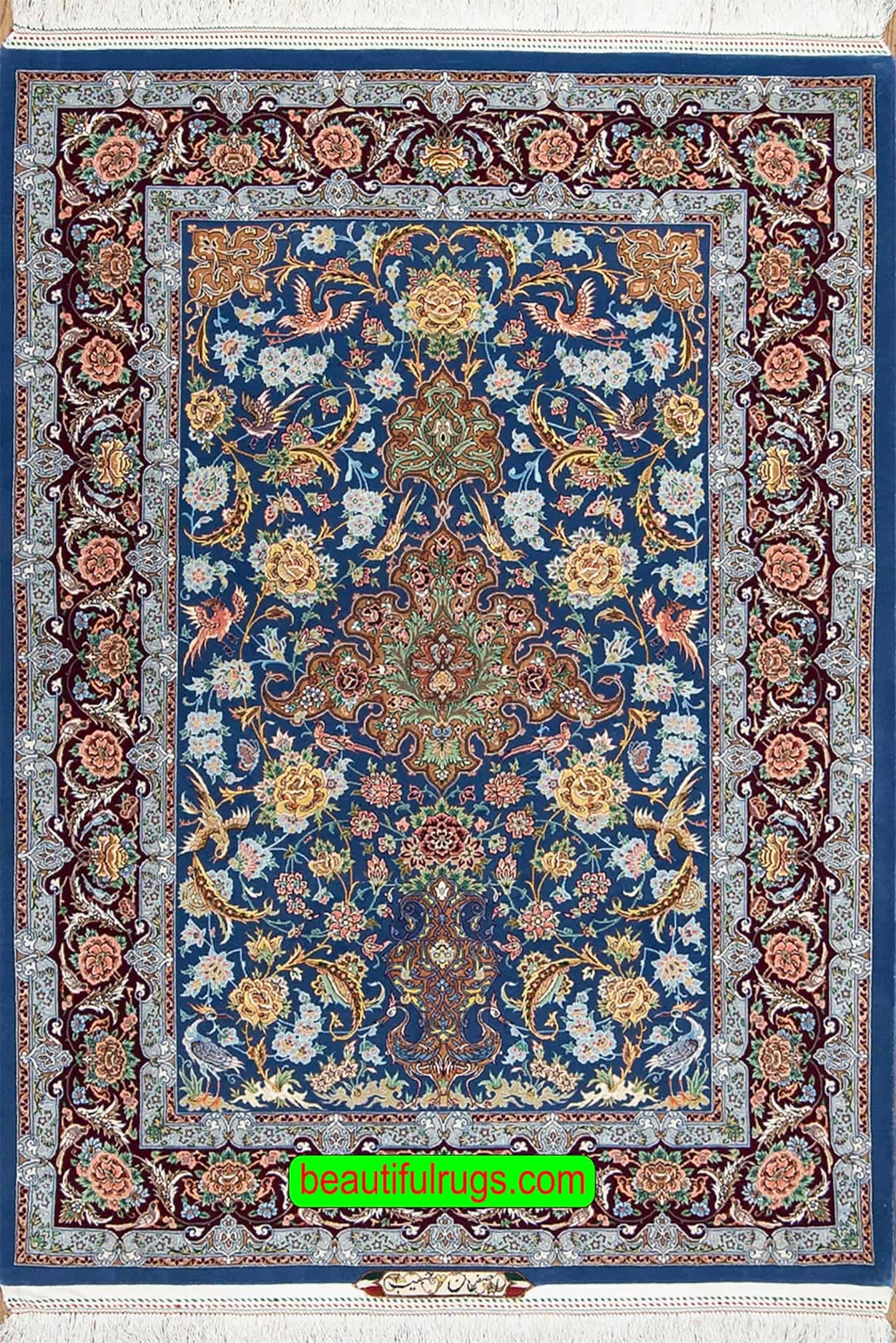 Persian Isfahan rug in blue color, natural dye rug. Size 4x5.7.