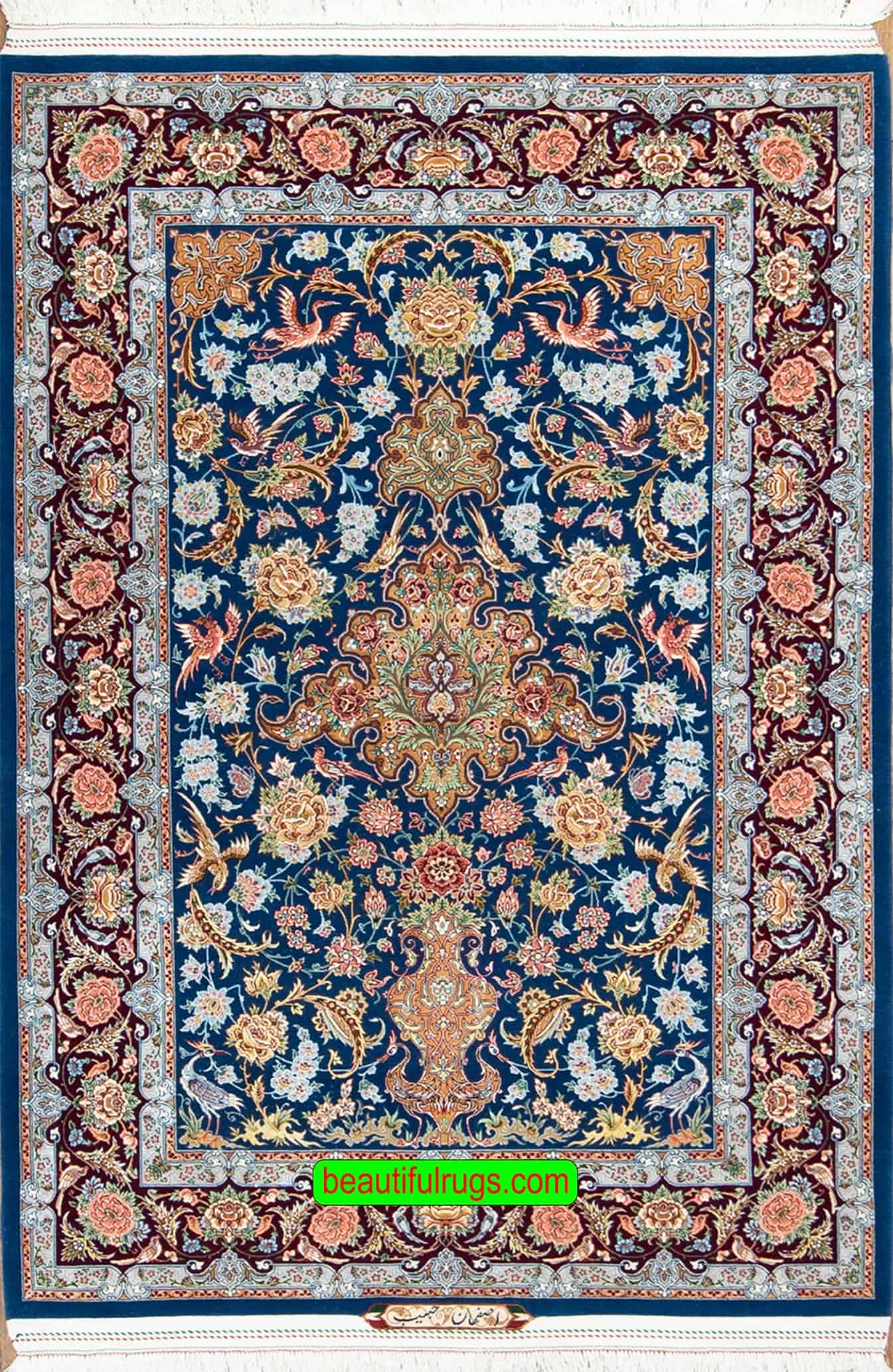 Handmade Persian Isfahan rug in blue color, natural dye, kork wool and silk. Size 4x6.