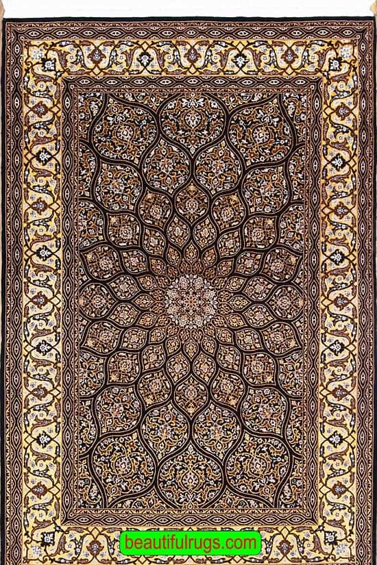 Handmade Persian Isfahan kork wool and silk in black and gold colors, mandala design. Size 4.3x6.7.