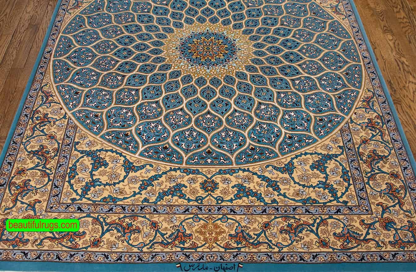 Handmade Persian Isfahan rug, blue mandala rug, kork wool and silk. Size 5.2x7.6.