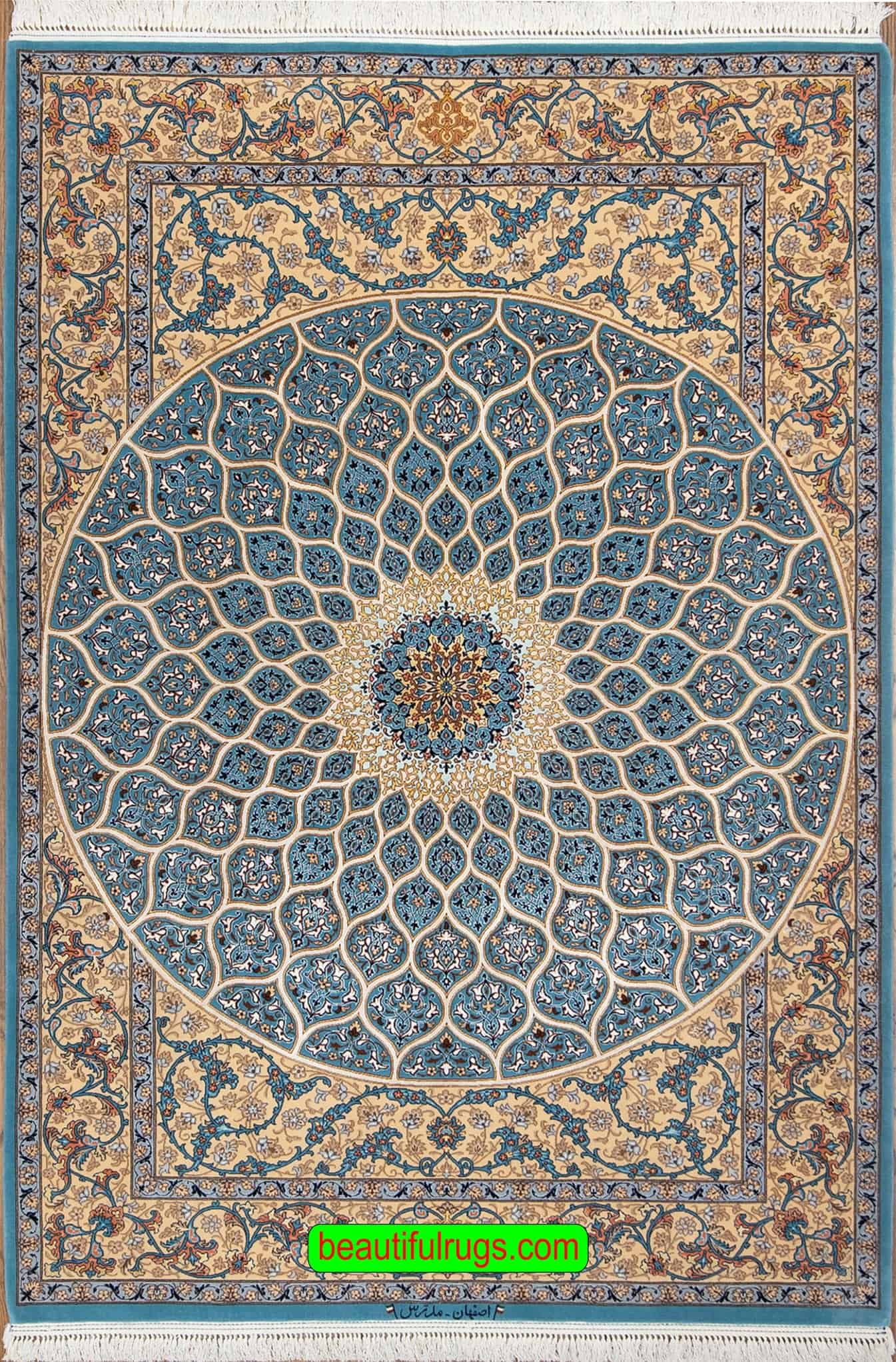 Handmade Persian Isfahan rug, blue mandala rug, kork wool and silk. Size 5.2x7.6.