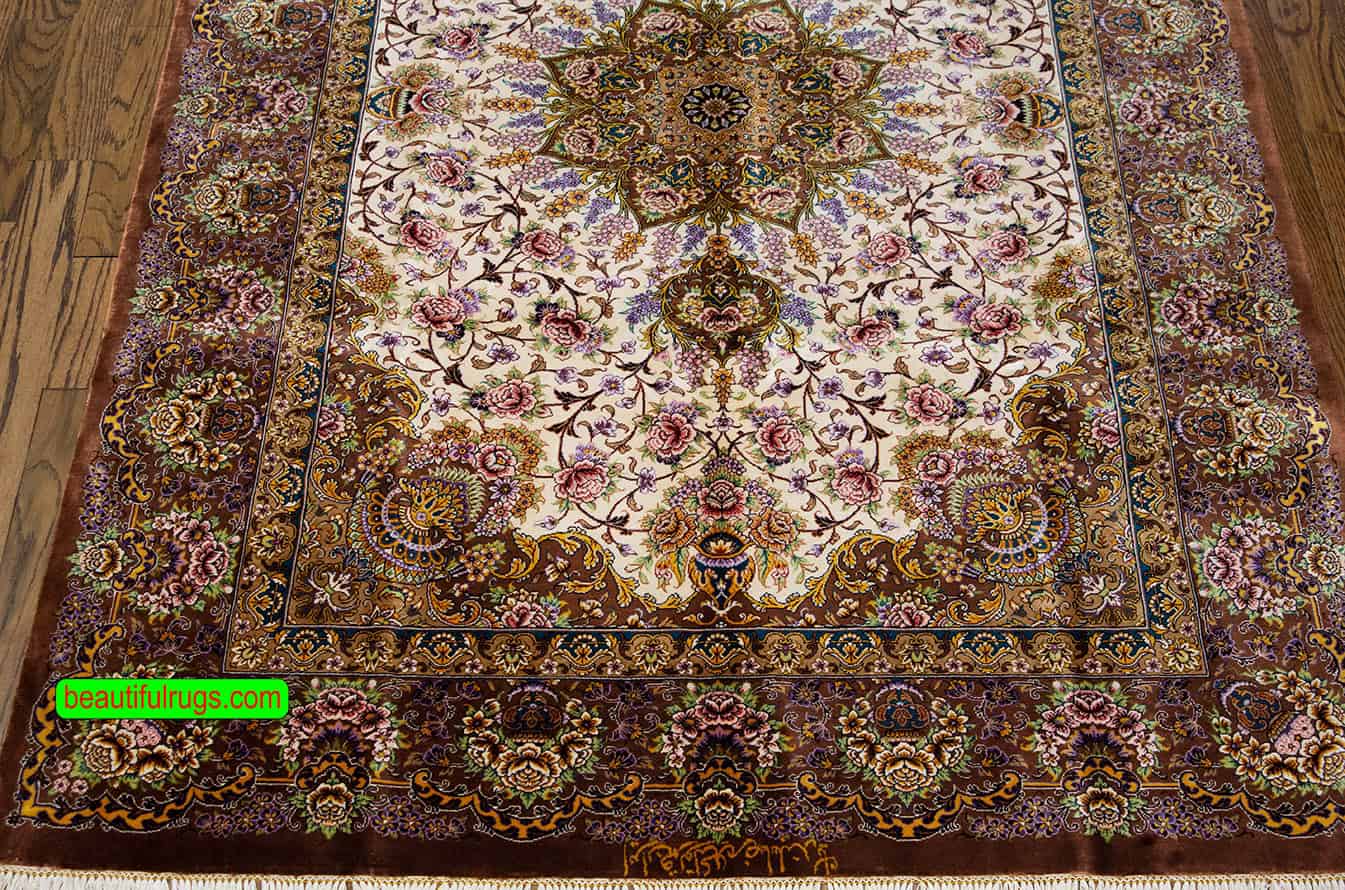 Top quality handmade Persian Qum pure silk rug in brown and beige. Size 3.7x5.2.