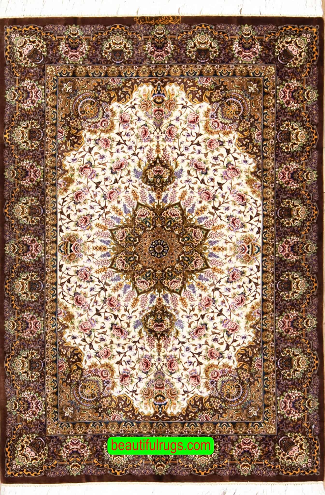 Top quality handmade Persian Qum pure silk rug in brown and beige. Size 3.7x5.2.