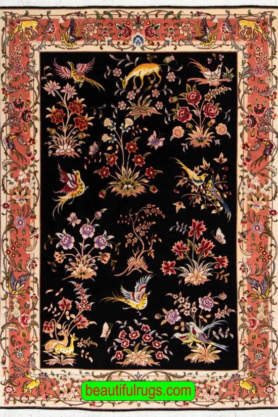 Beautiful Persian Tabriz rug with birds and animals in black and salmon colors. Size 4x6.