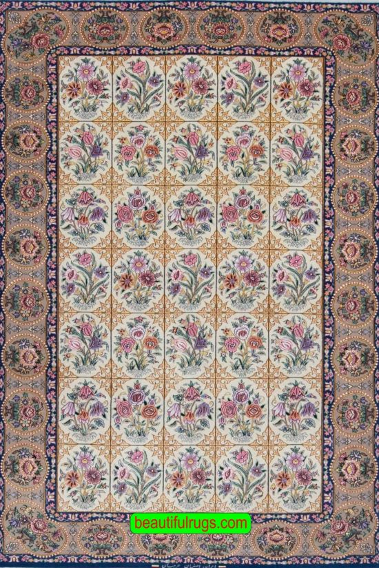 Garden design handmade Persian Isfahan Rug made from kork wool and silk in beige color. Size 4.6x7.3.