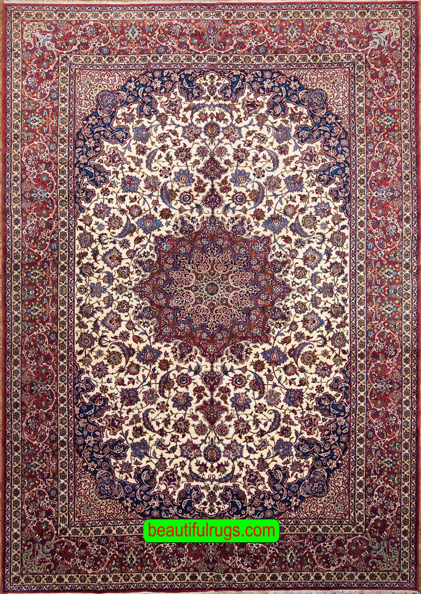 10x16 rug, handmade antique Persian Isfahan rug with beige and red colors.