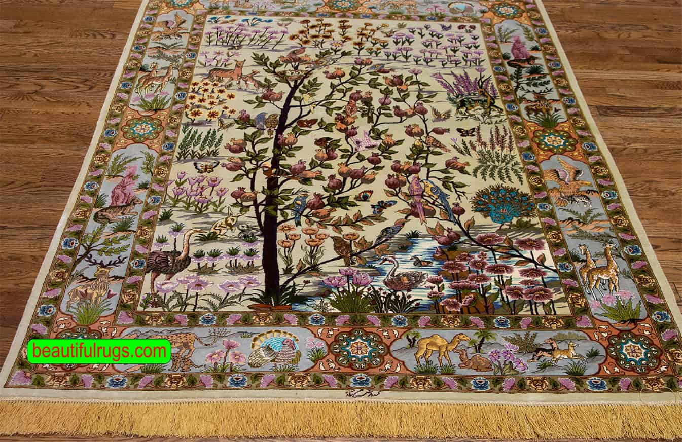 Persian rugs, handmade Persian Tabriz silk rug, multicolor, with birds and animals. Size 5x6.7.