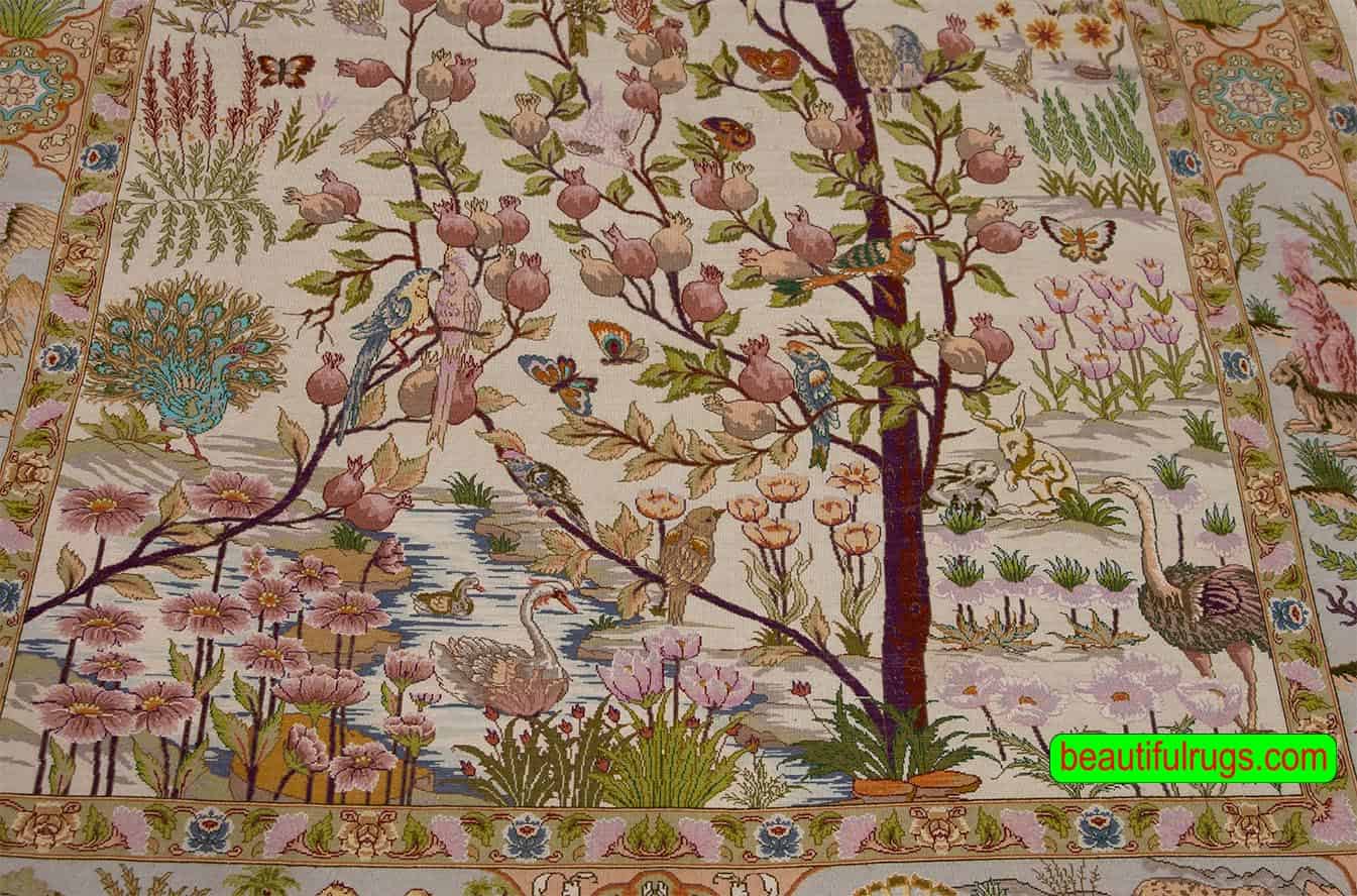 Persian rugs, handmade Persian Tabriz silk rug, multicolor, with birds and animals. Size 5x6.7.