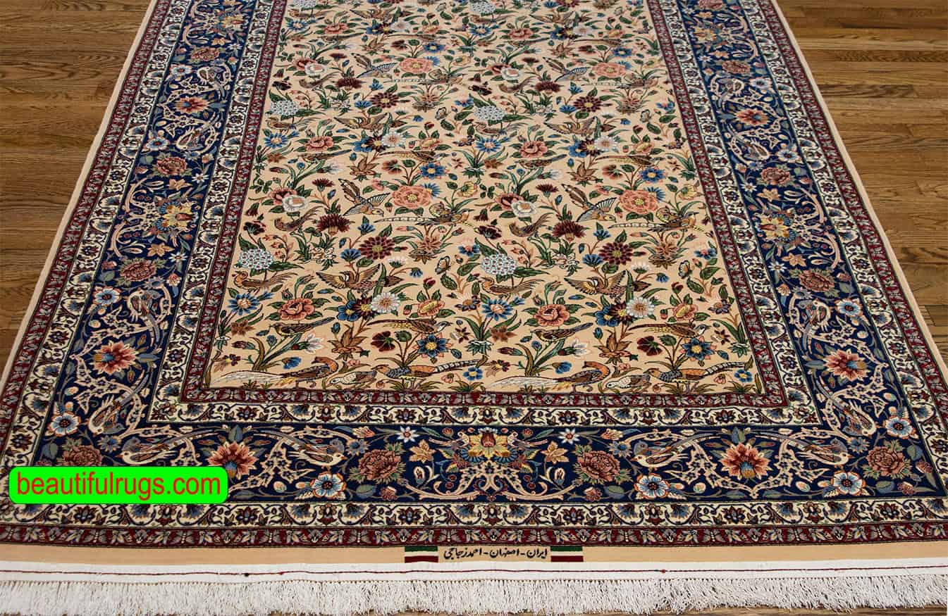 Top quality Persian Isfahan rug with birds and flowers in beige color. Size 5.5x8.2.