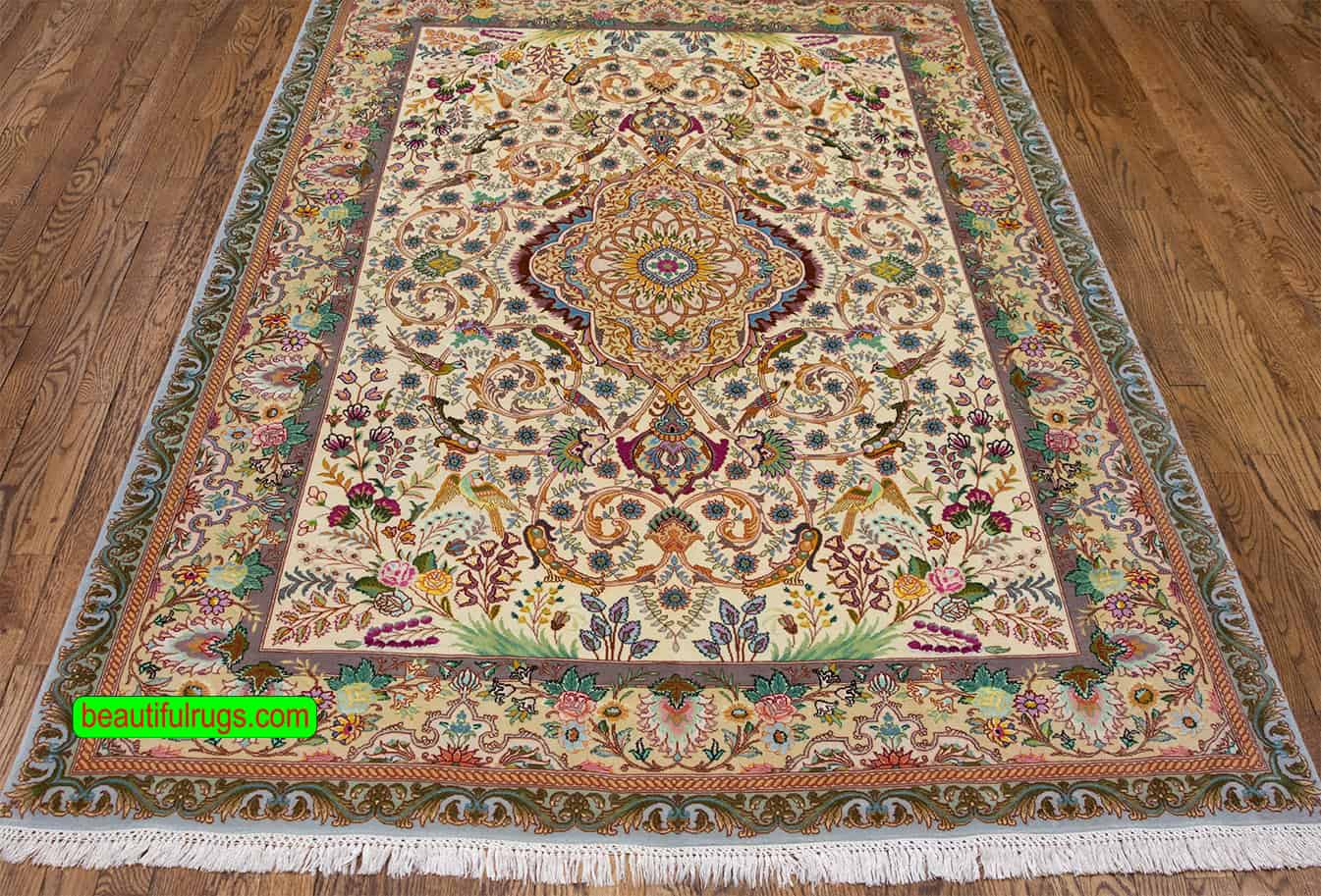 Hand knotted Persian Tabriz rug, kurk & silk, multicolor. Size 5x7.2.