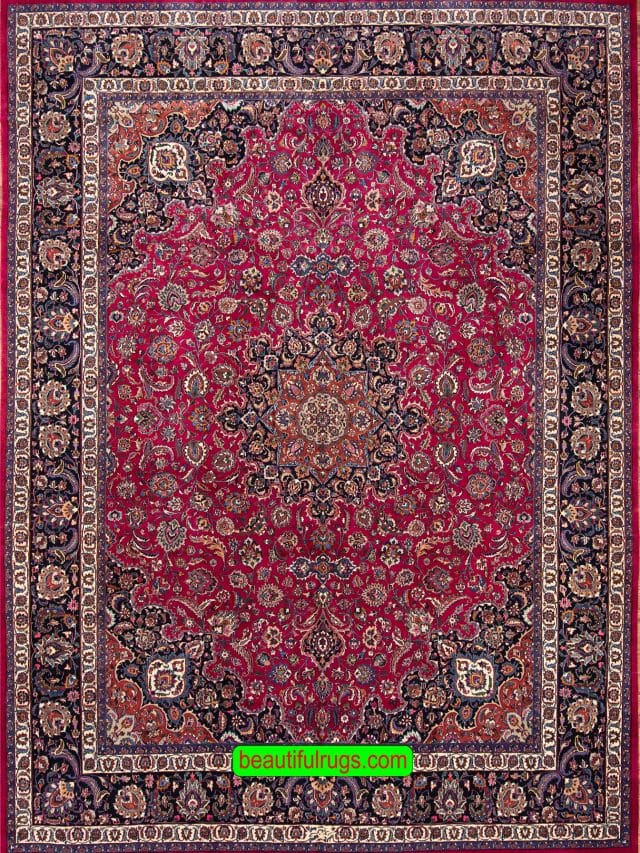 Living room rugs, Persian Mashad 10x12 rug in raspberry red color for living room.