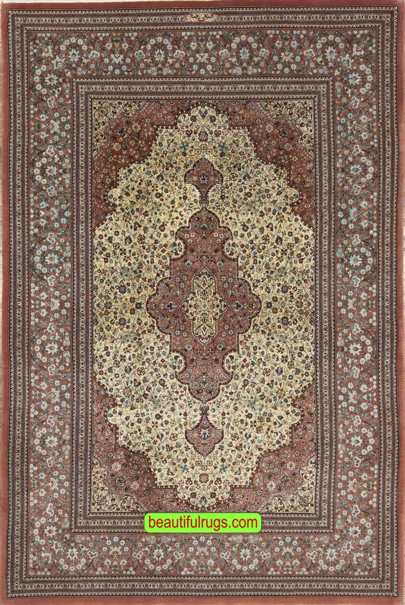 High quality hand knotted Persian Qum rug in beige color. Size 5.3x8.