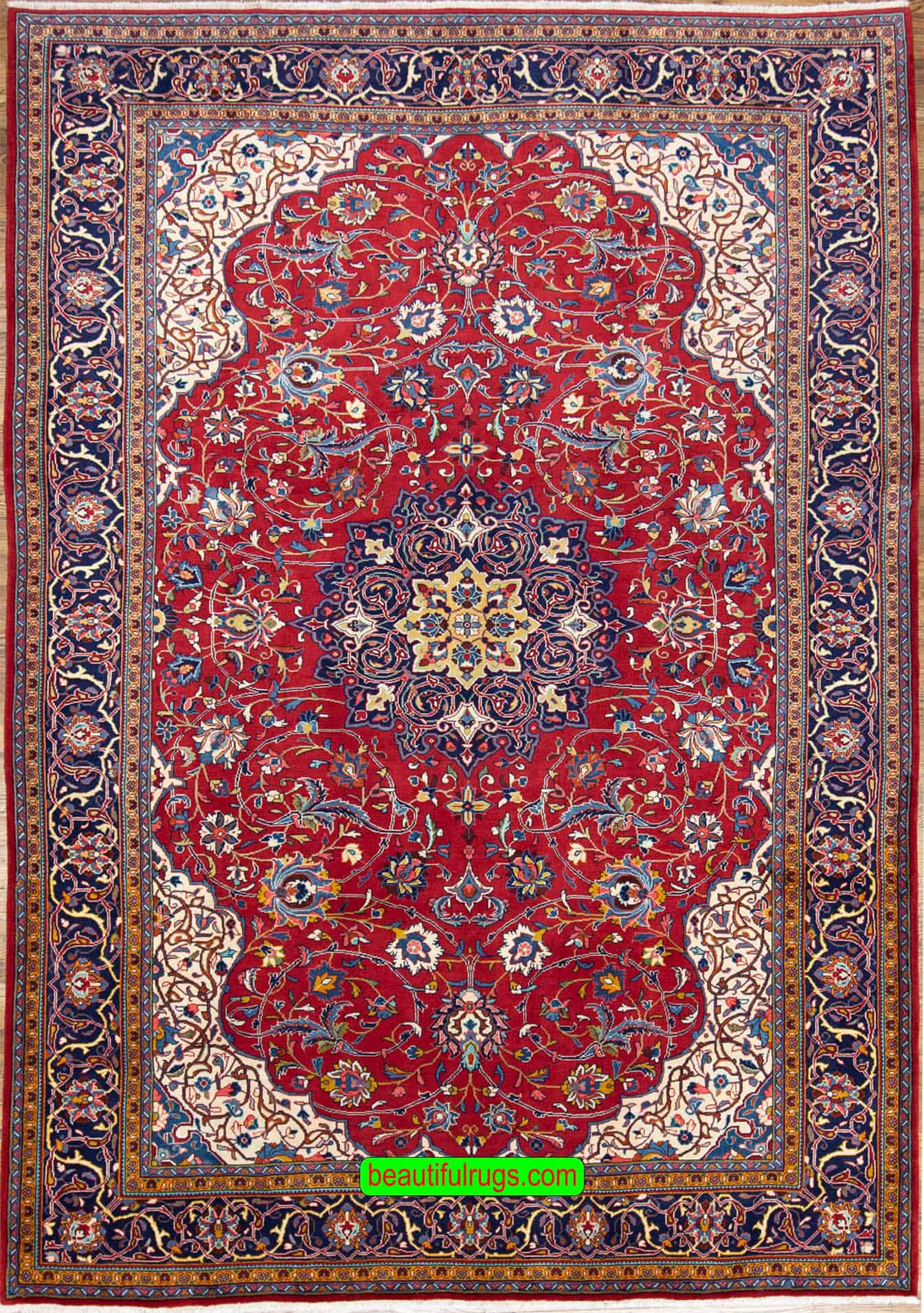 Red and navy blue color Persian Sarouk wool rug for dining room. Size 7x10.4.